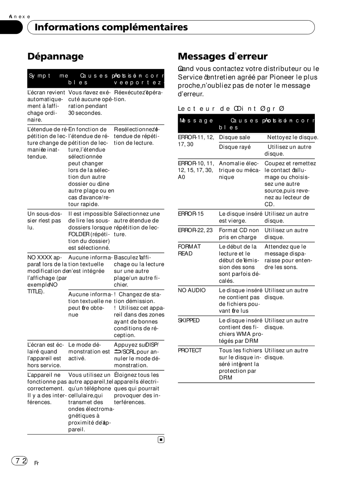 Pioneer P7200HD Informations complémentaires Dépannage, Messages d’erreur, Le début de la Attendez que le, Drm, 72 Fr 