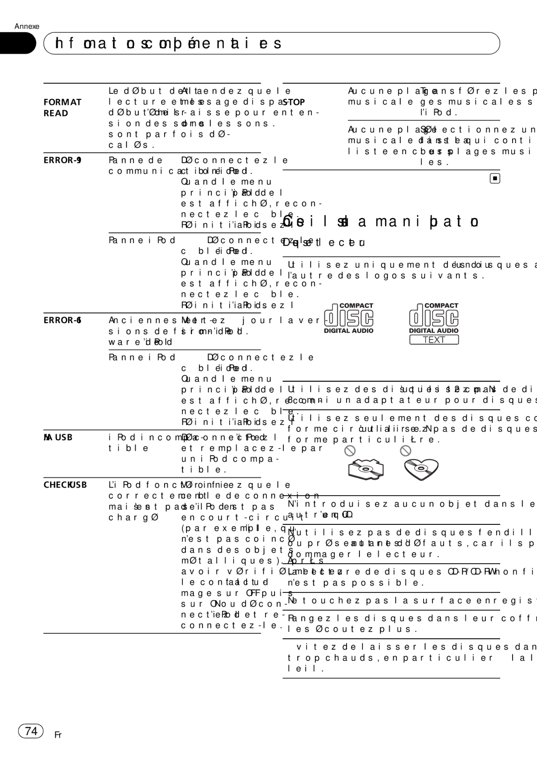 Pioneer P7200HD operation manual Conseils sur la manipulation, Disques et lecteur, Lecture et le Message dispa 