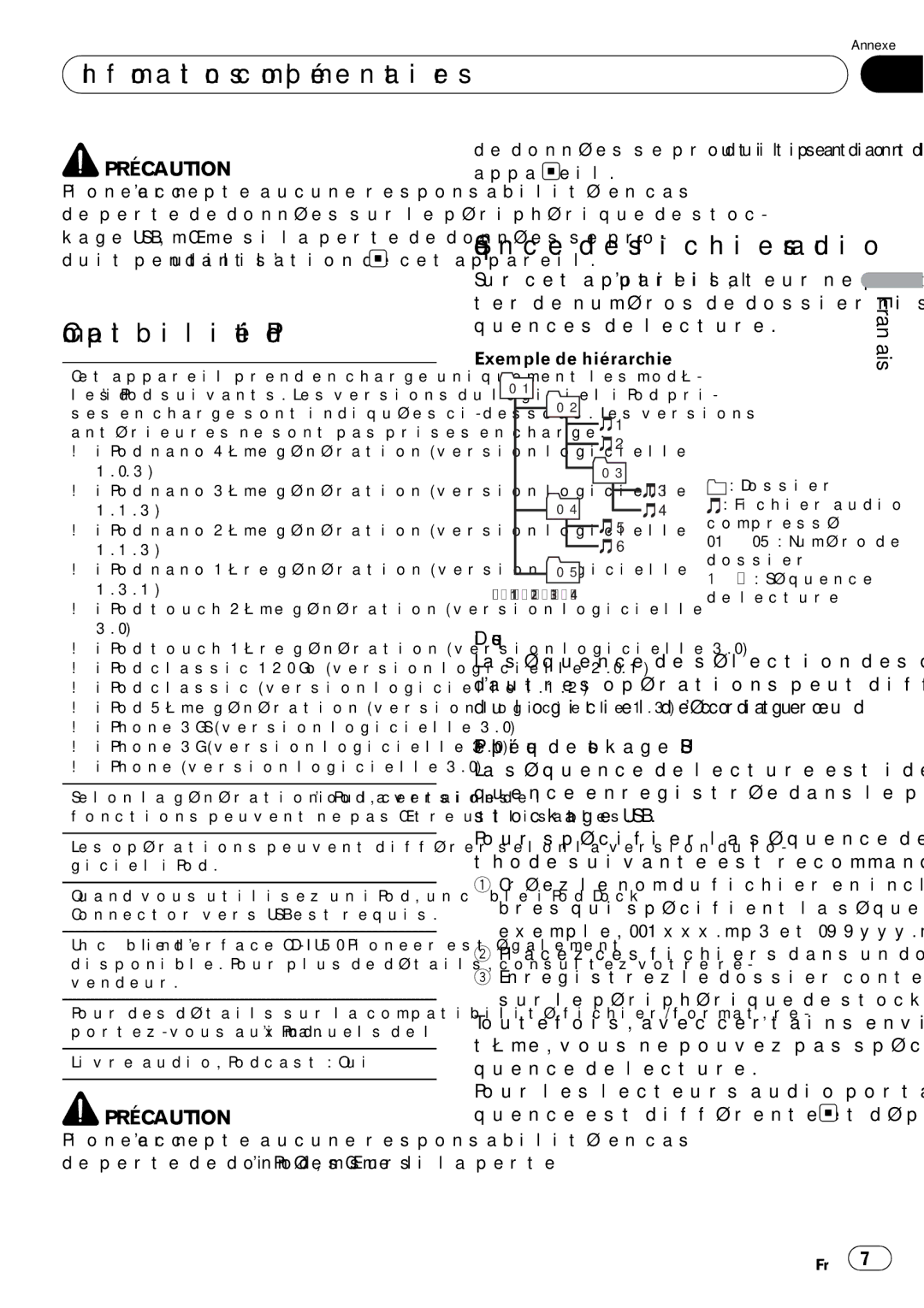 Pioneer P7200HD operation manual Compatibilité iPod, Séquence des fichiers audio, Exemple de hiérarchie 