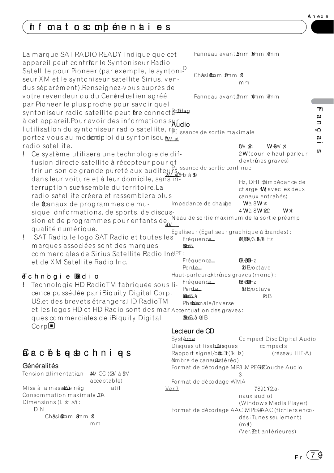 Pioneer P7200HD operation manual Caractéristiques techniques, Généralités, Français, Lecteur de CD 