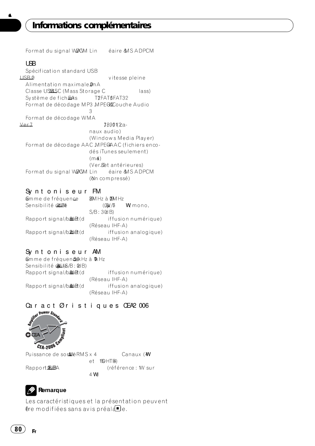 Pioneer P7200HD operation manual Syntoniseur FM, Syntoniseur AM, Caractéristiques CEA2006 