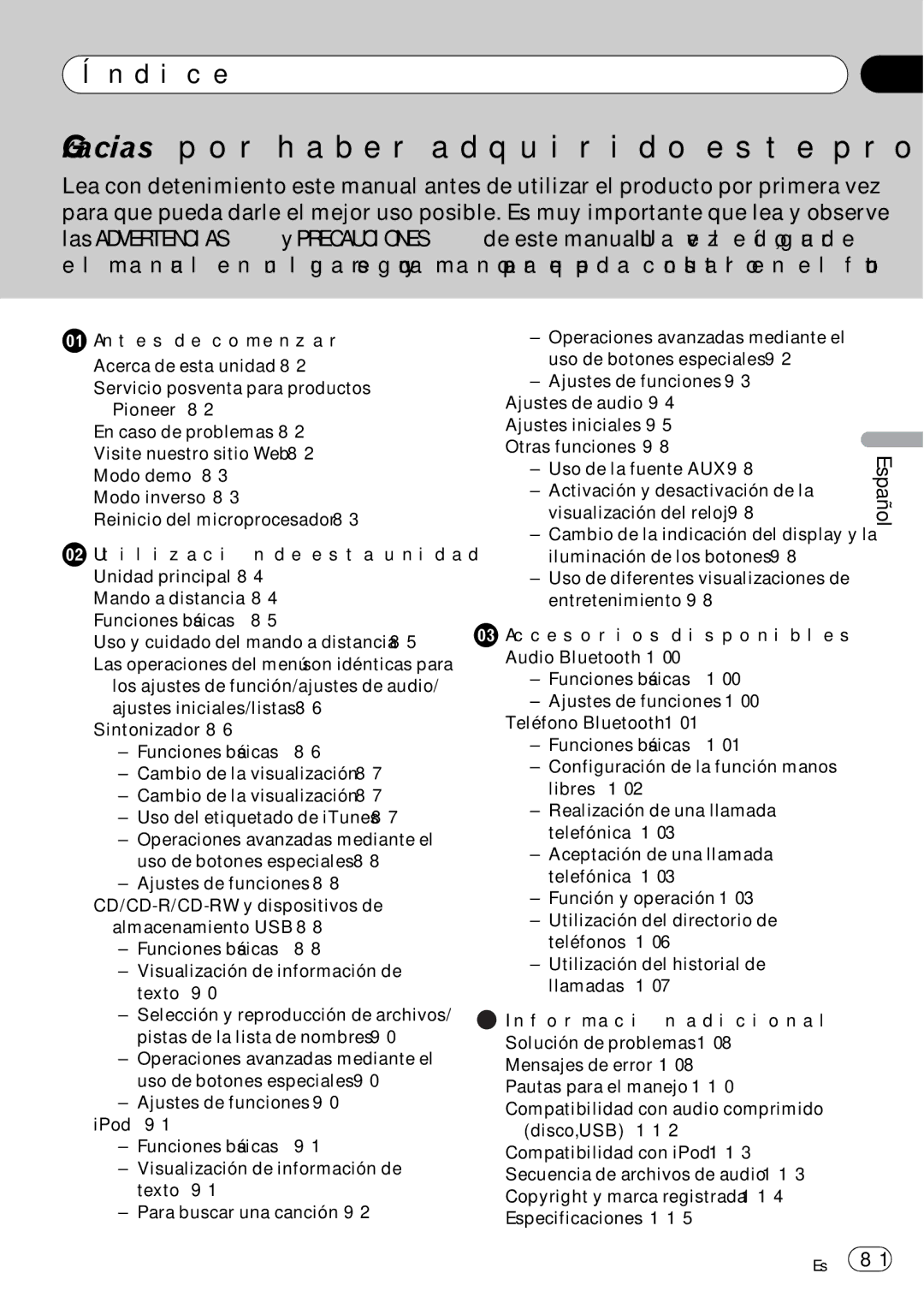 Pioneer P7200HD operation manual Índice 