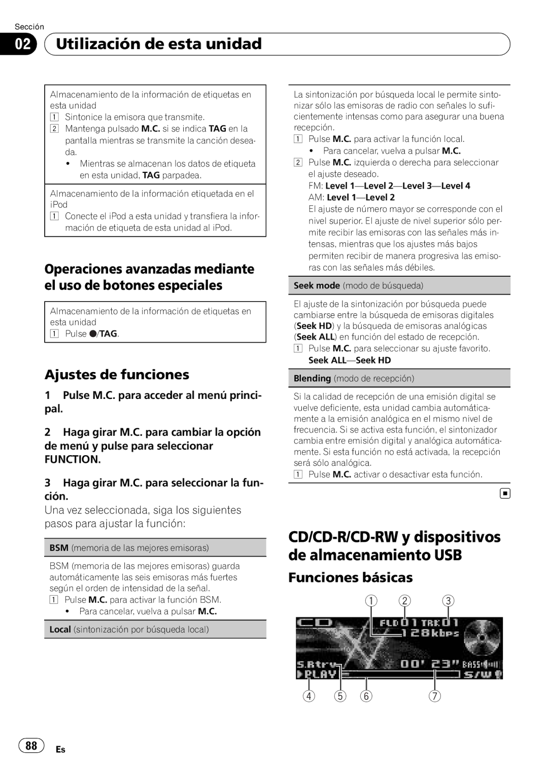 Pioneer P7200HD operation manual Operaciones avanzadas mediante el uso de botones especiales, Ajustes de funciones, 88 Es 