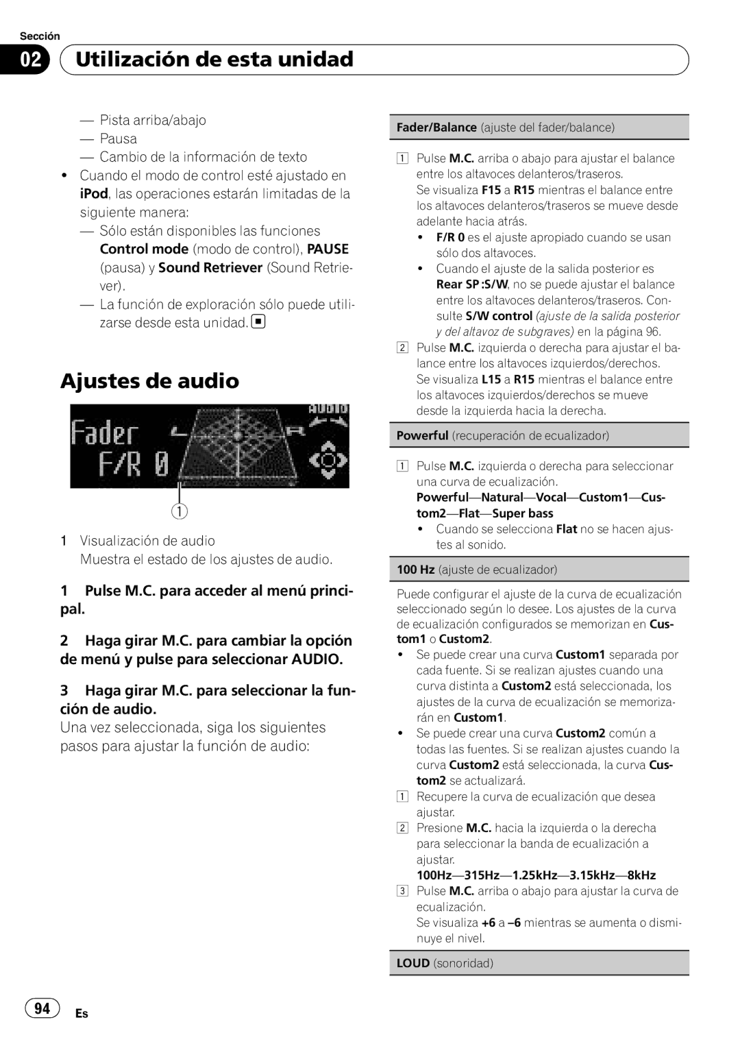 Pioneer P7200HD operation manual Ajustes de audio 