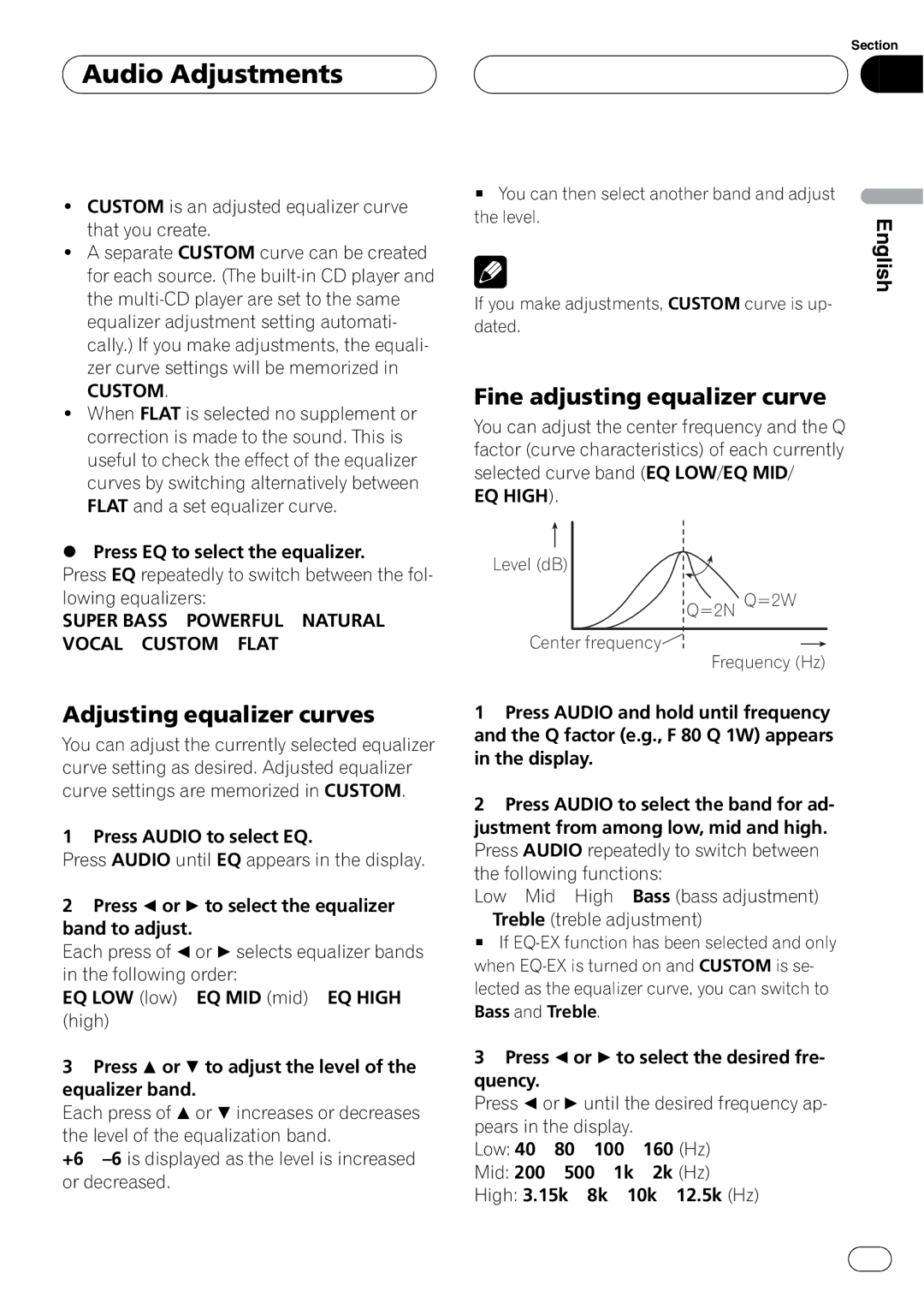 Pioneer P7500MP operation manual Level dB =2N Q=2W Center frequency Frequency Hz 