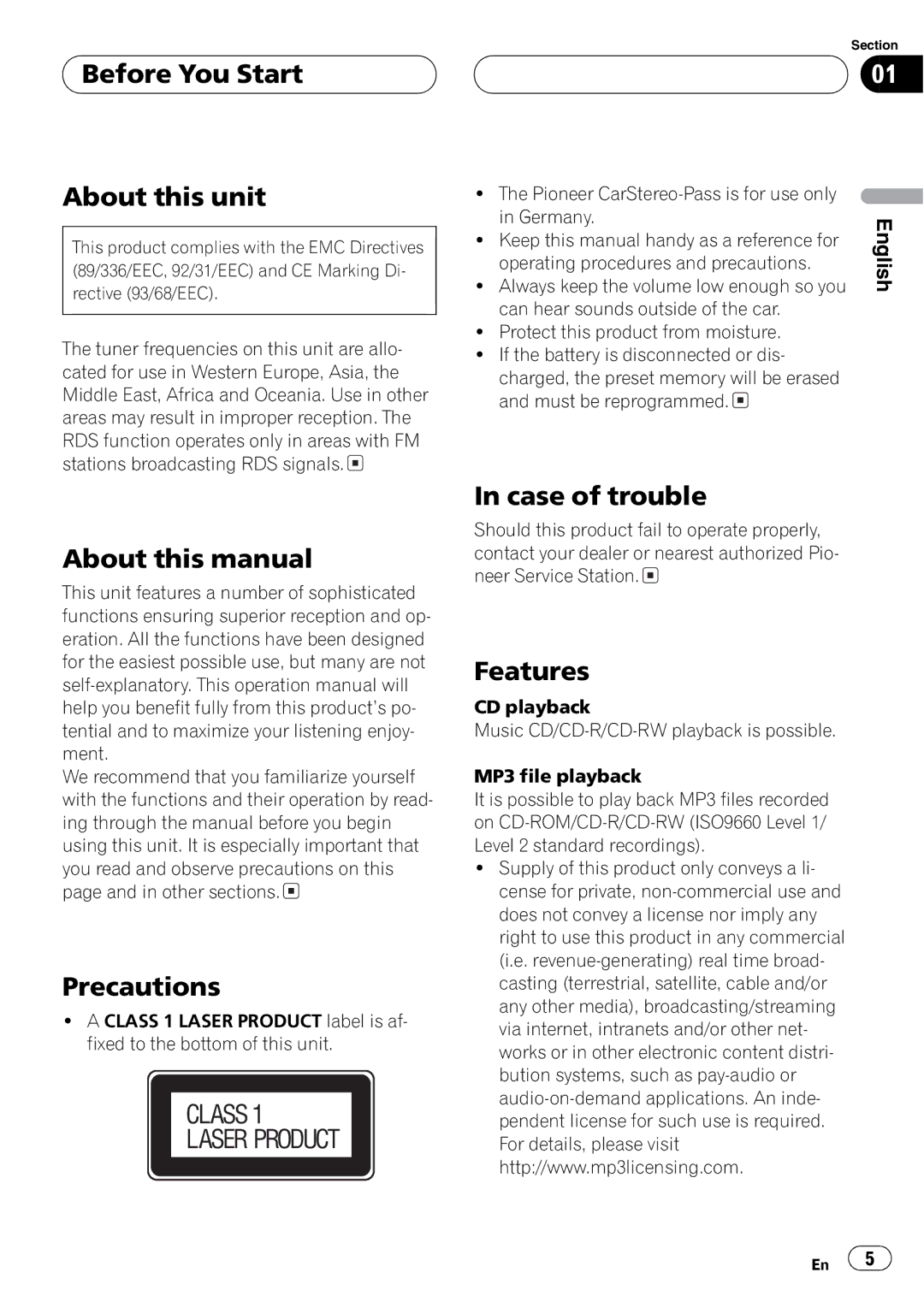 Pioneer P7500MP operation manual Class Laser Product 