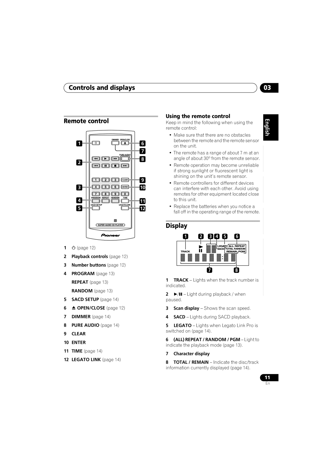 Pioneer PD-D6-J manual Controls and displays Remote control, Display, Using the remote control, Clear Enter 