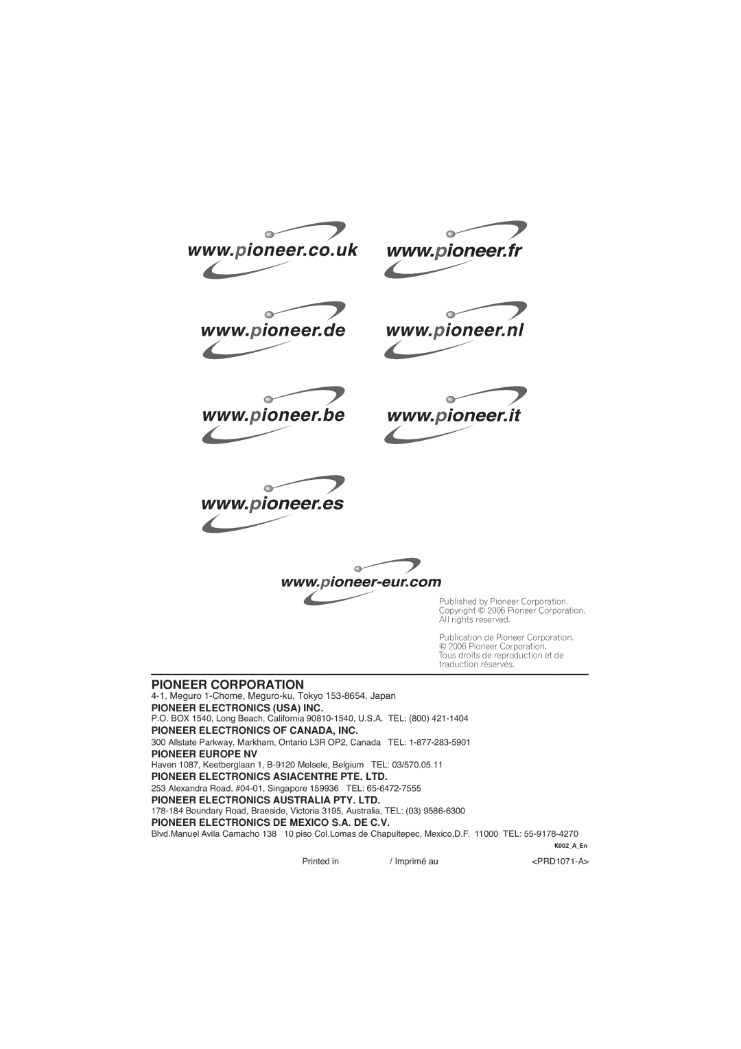 Pioneer PD-D6-J manual Pioneer Corporation 