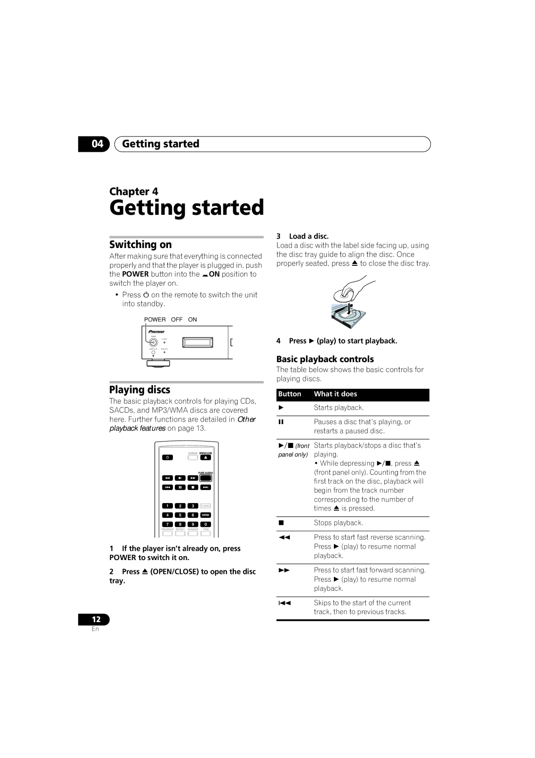 Pioneer PD-D6-J manual Getting started Chapter, Switching on, Playing discs, Basic playback controls, Button What it does 