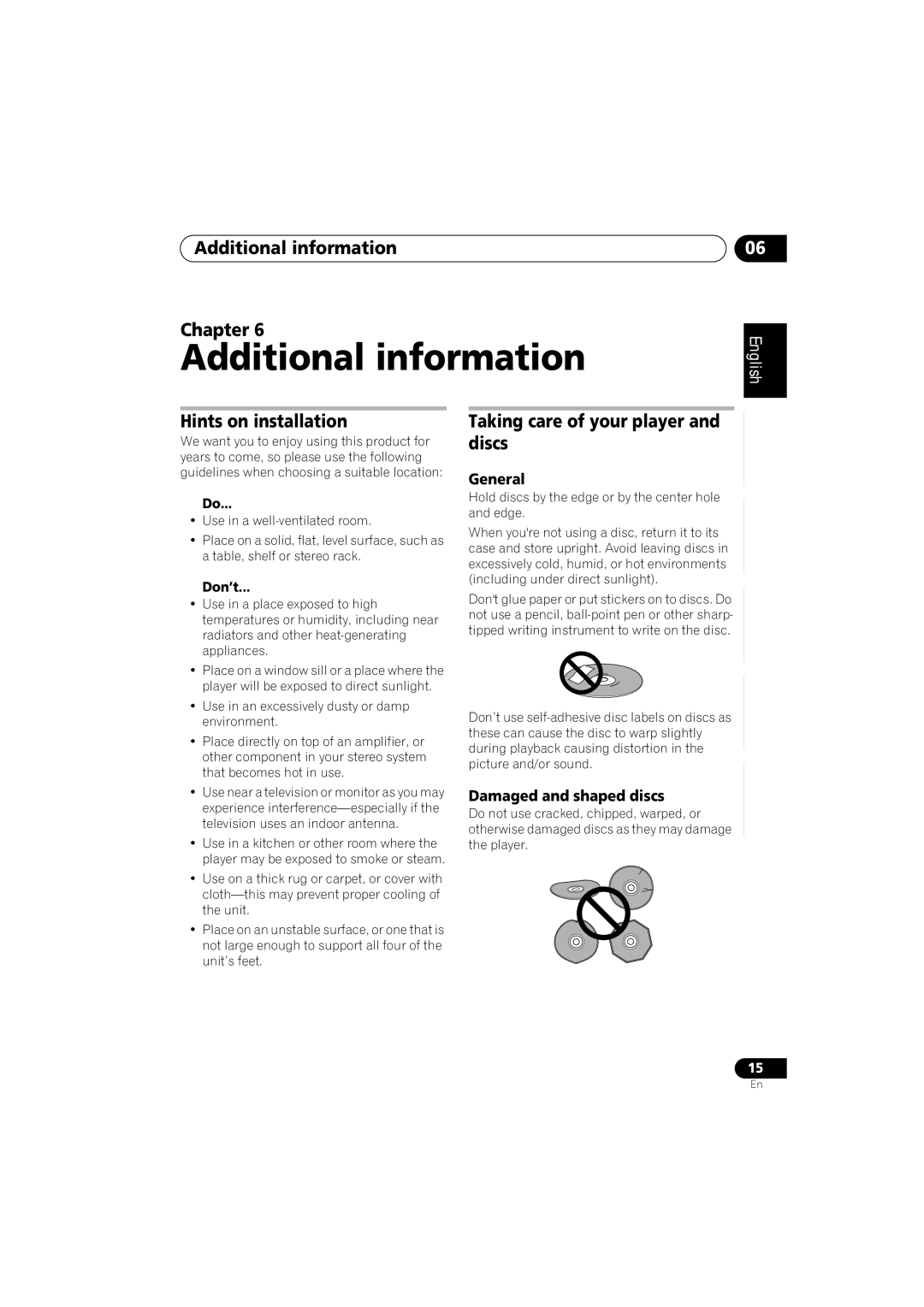 Pioneer PD-D6-J manual Additional information Chapter, Hints on installation, Taking care of your player and discs, General 