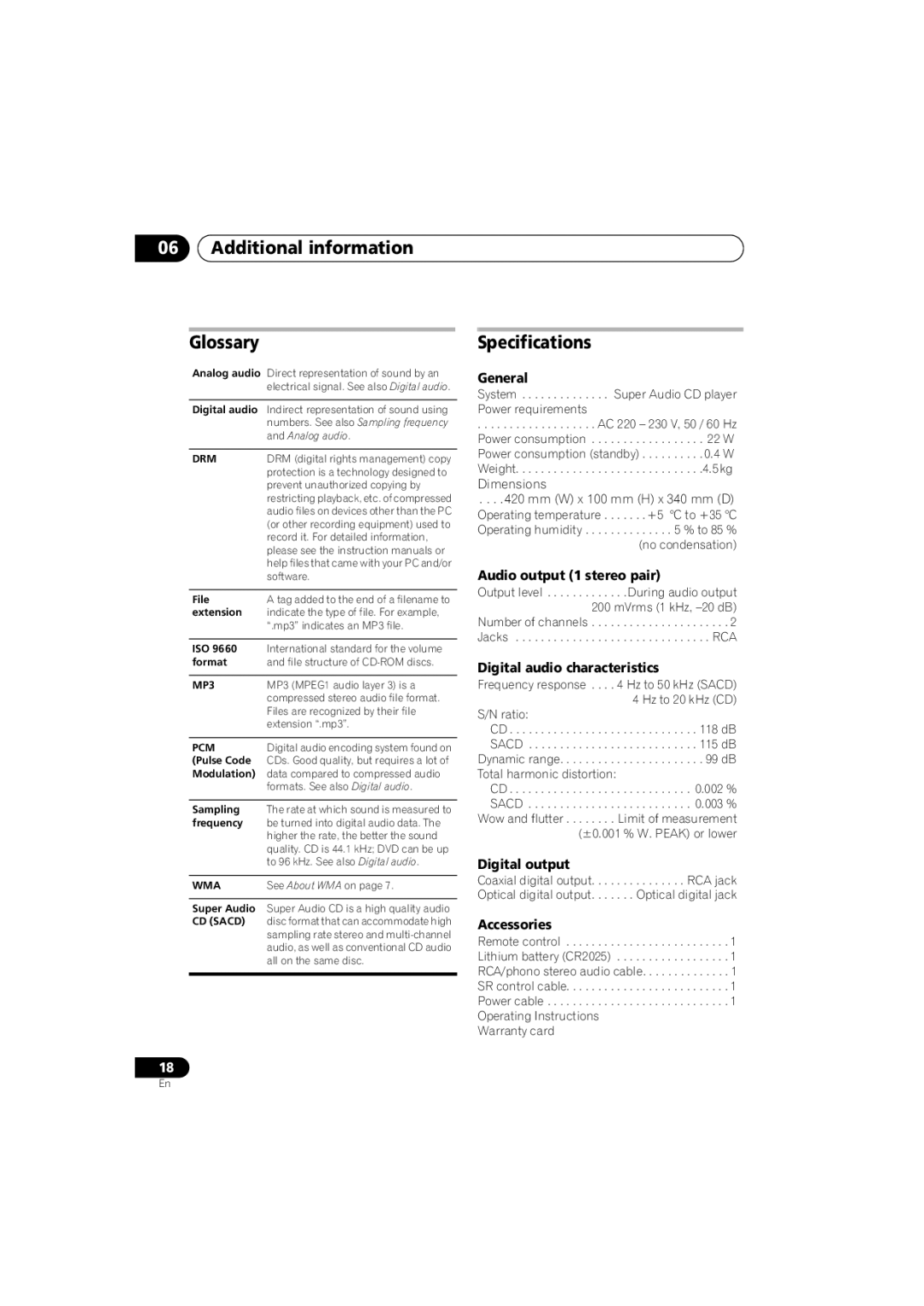 Pioneer PD-D6-J manual Additional information Glossary, Specifications 