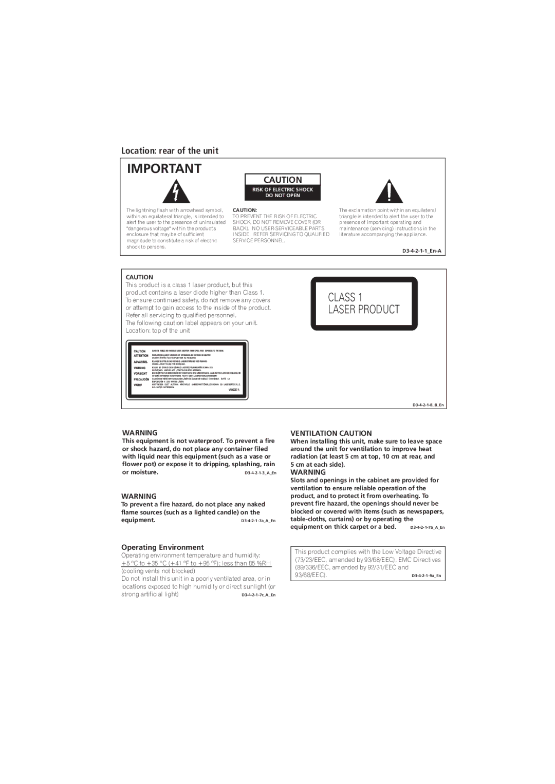 Pioneer PD-D6-J manual Location rear of the unit, Operating Environment, Ventilation Caution 