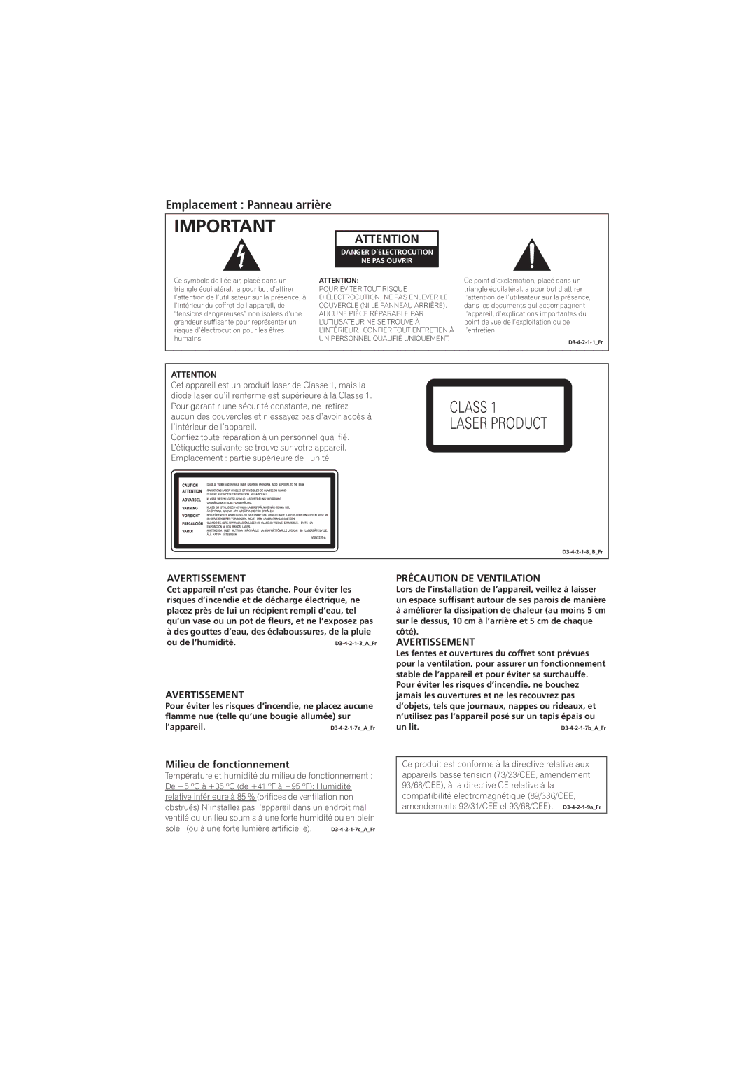 Pioneer PD-D6-J manual Emplacement Panneau arrière, Avertissement, Milieu de fonctionnement, Précaution DE Ventilation 