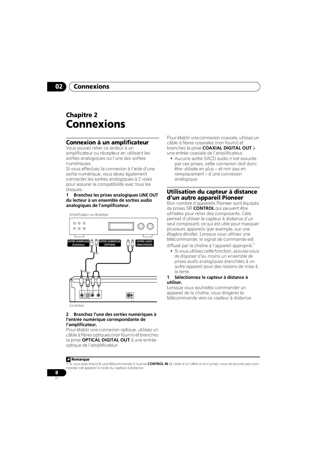 Pioneer PD-D6-J manual Connexions Chapitre, Connexion à un amplificateur, Sélectionnez le capteur à distance à utiliser 