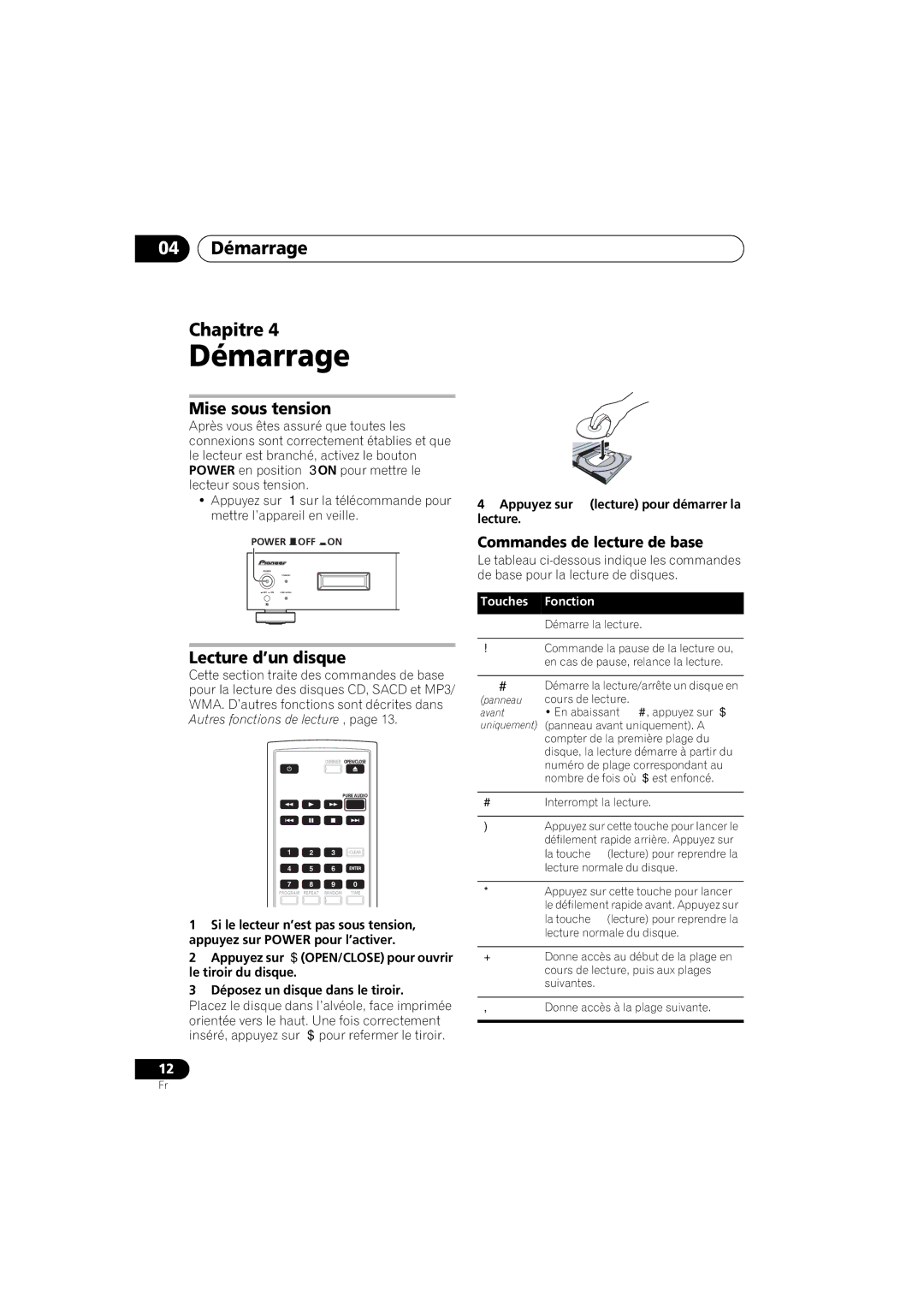 Pioneer PD-D6-J manual 04 Démarrage Chapitre, Mise sous tension, Lecture d’un disque, Commandes de lecture de base 