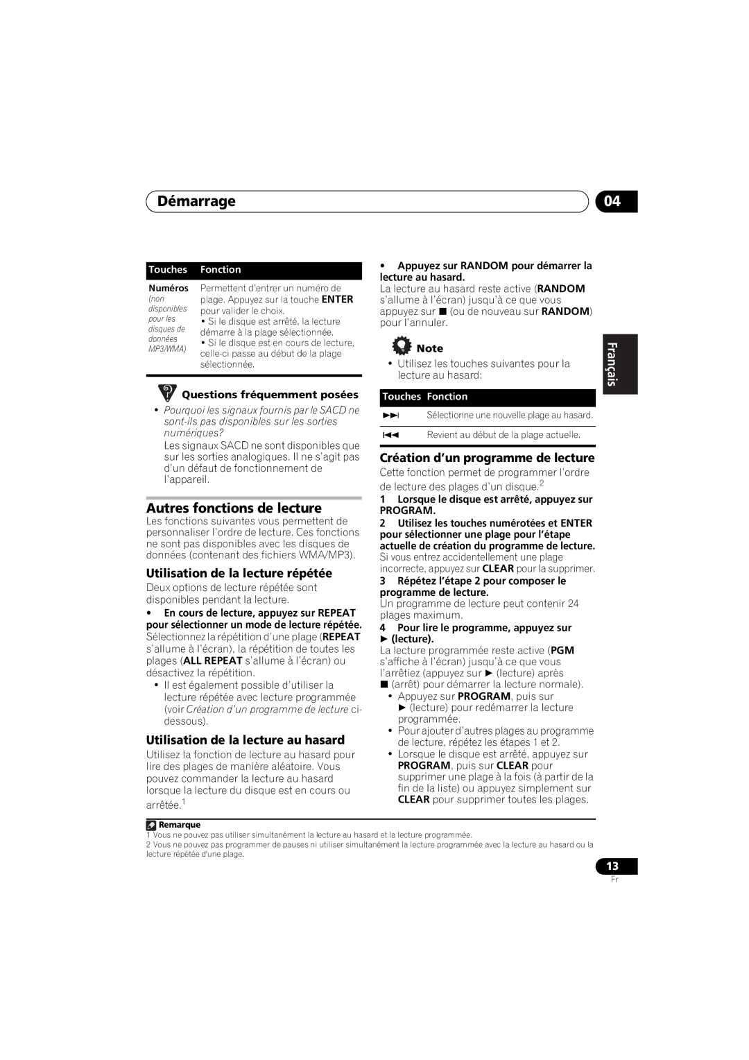 Pioneer PD-D6-J manual Démarrage, Autres fonctions de lecture, Utilisation de la lecture répétée 