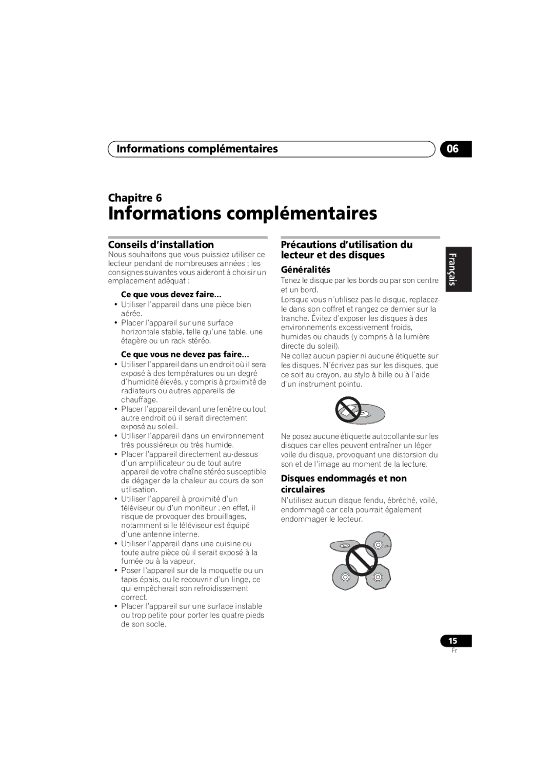 Pioneer PD-D6-J manual Informations complémentaires Chapitre, Conseils d’installation 