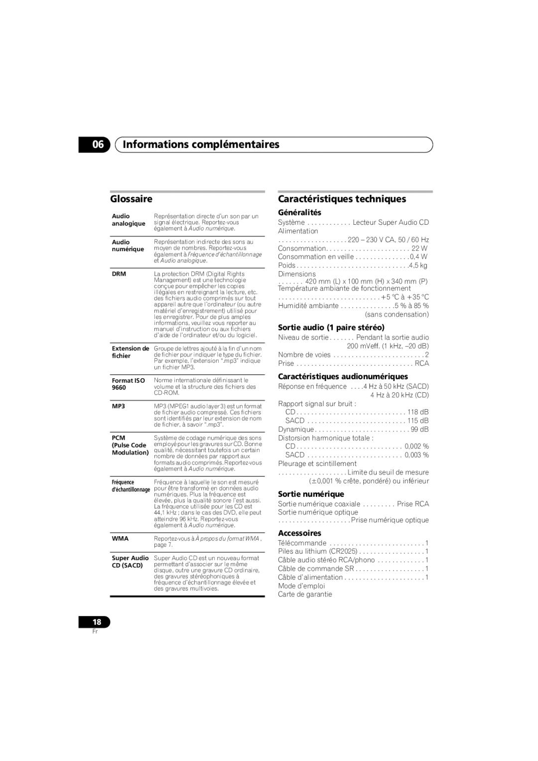 Pioneer PD-D6-J manual Glossaire, Caractéristiques techniques 