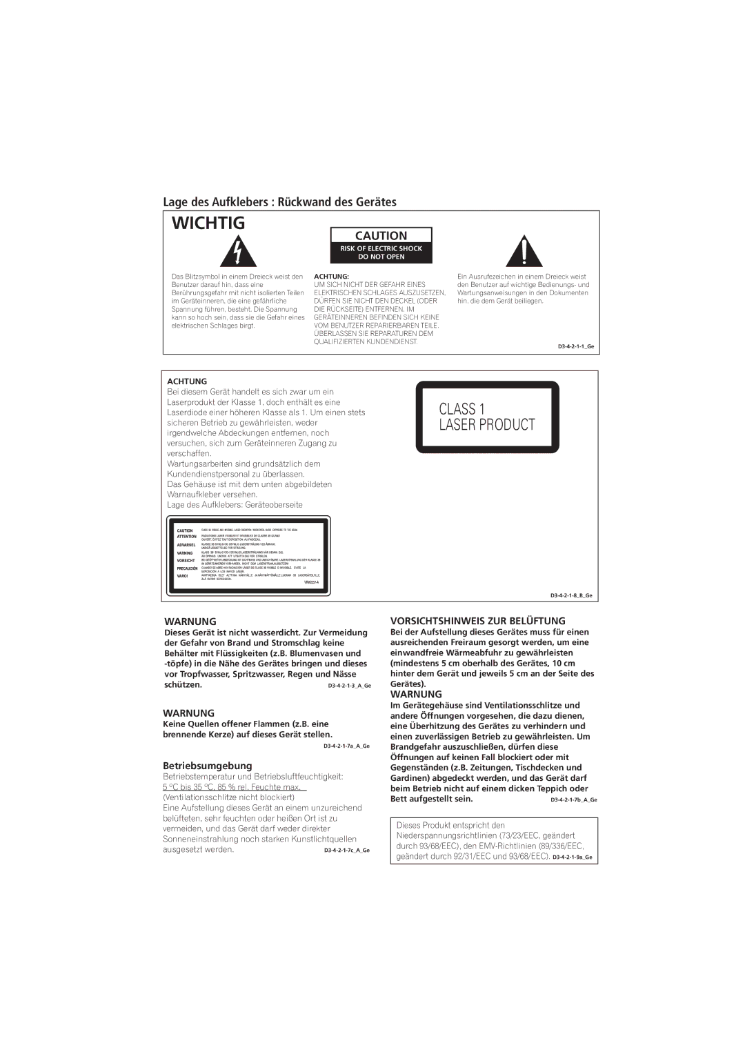 Pioneer PD-D6-J manual Lage des Aufklebers Rückwand des Gerätes, Warnung, Betriebsumgebung, Vorsichtshinweis ZUR Belüftung 