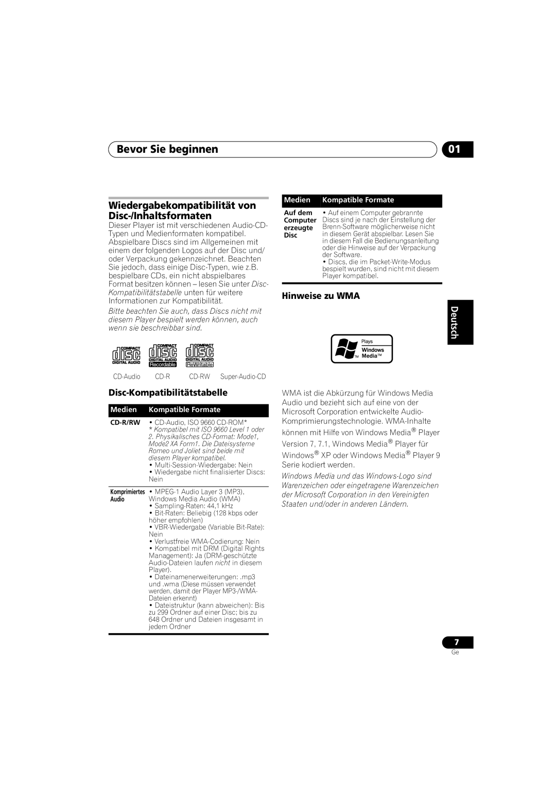 Pioneer PD-D6-J manual Wiedergabekompatibilität von Disc-/Inhaltsformaten, Disc-Kompatibilitätstabelle, Hinweise zu WMA 