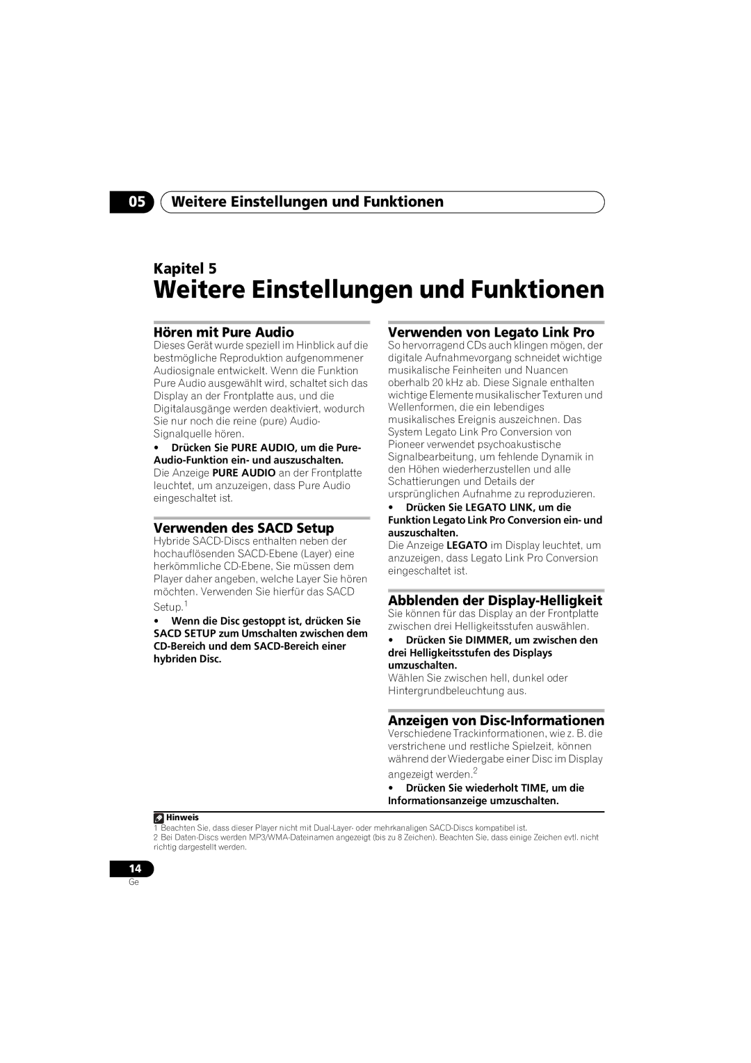 Pioneer PD-D6-J manual Weitere Einstellungen und Funktionen Kapitel 