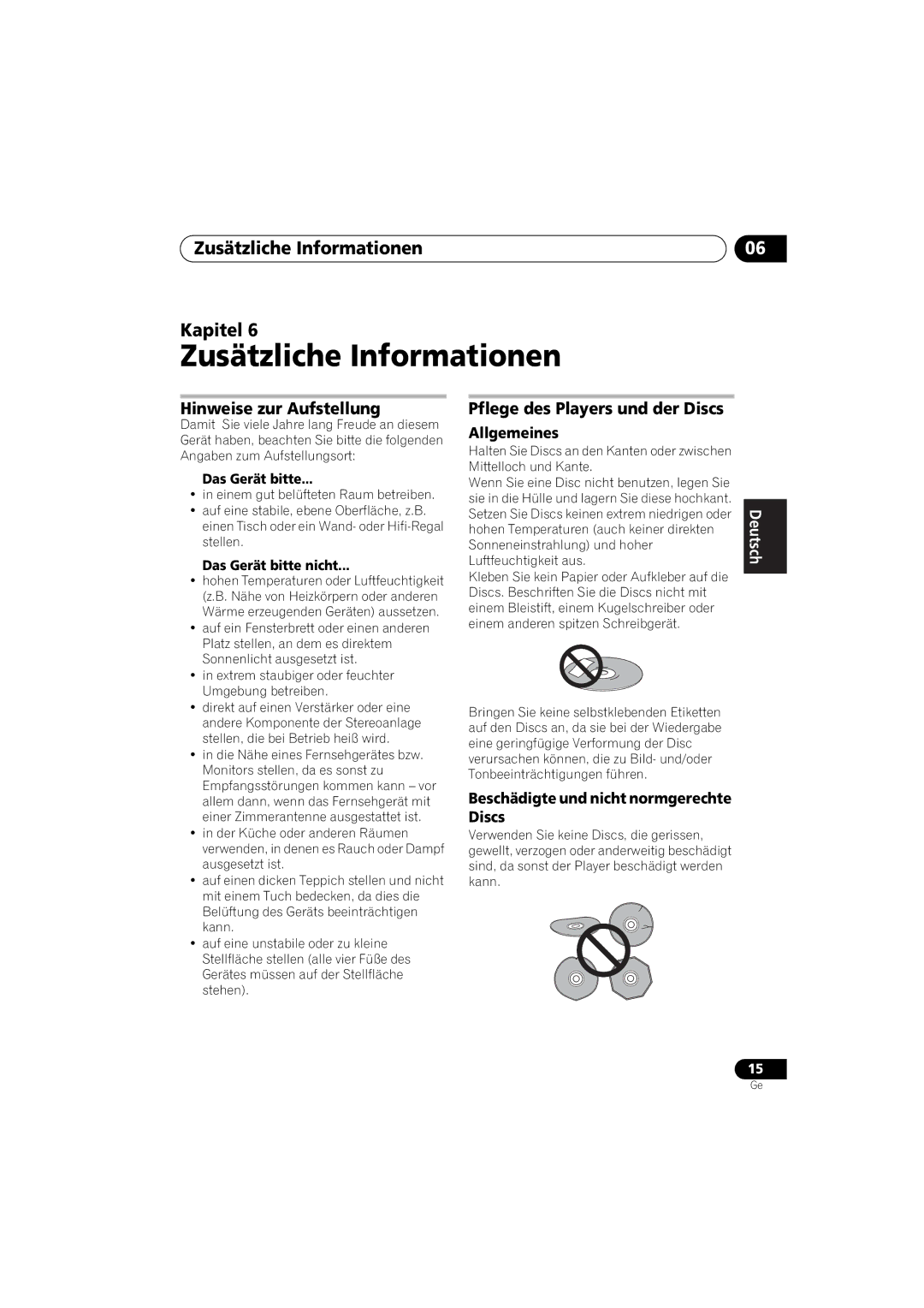 Pioneer PD-D6-J manual Zusätzliche Informationen Kapitel, Hinweise zur Aufstellung, Pflege des Players und der Discs 