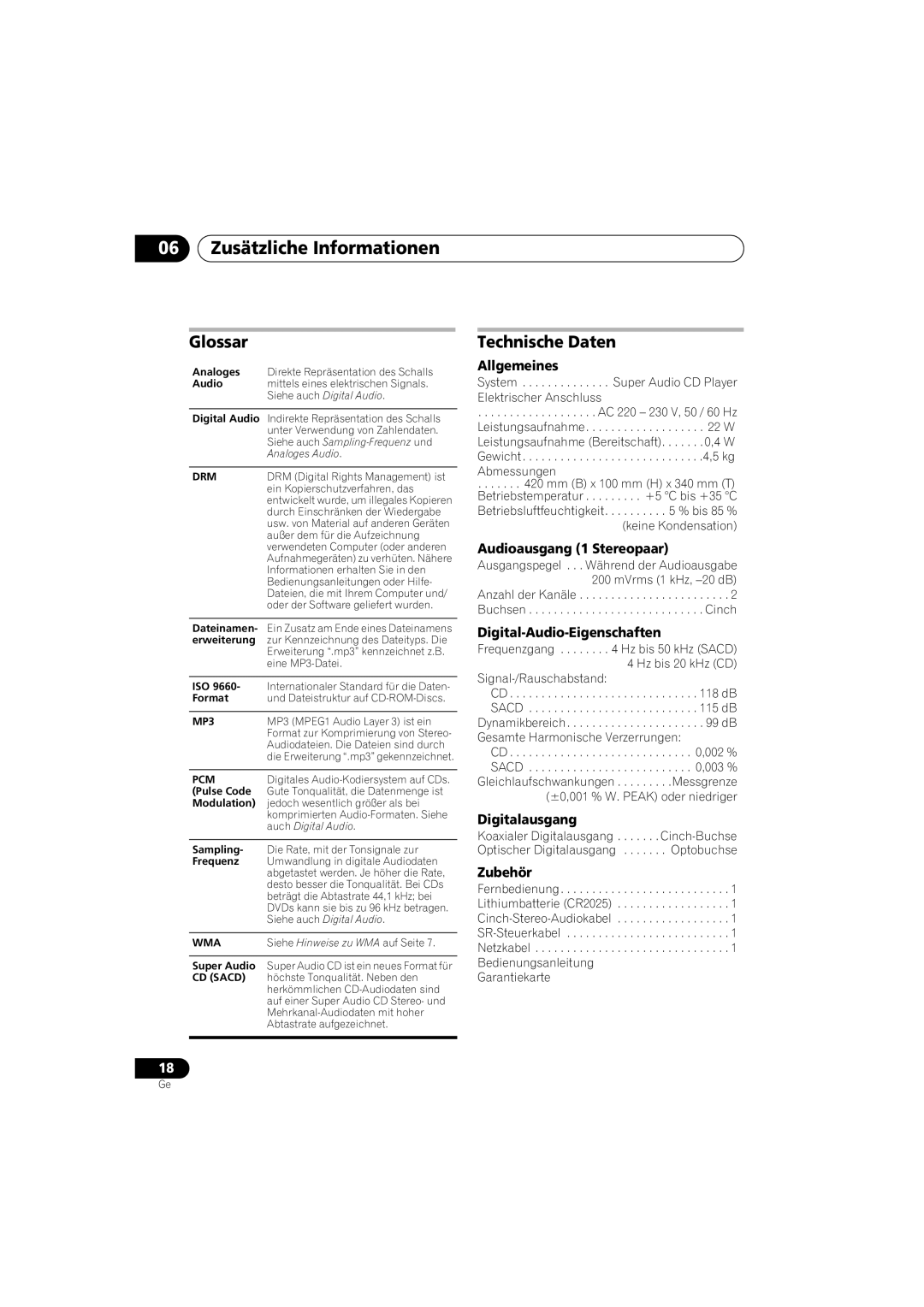 Pioneer PD-D6-J manual Glossar, Technische Daten 