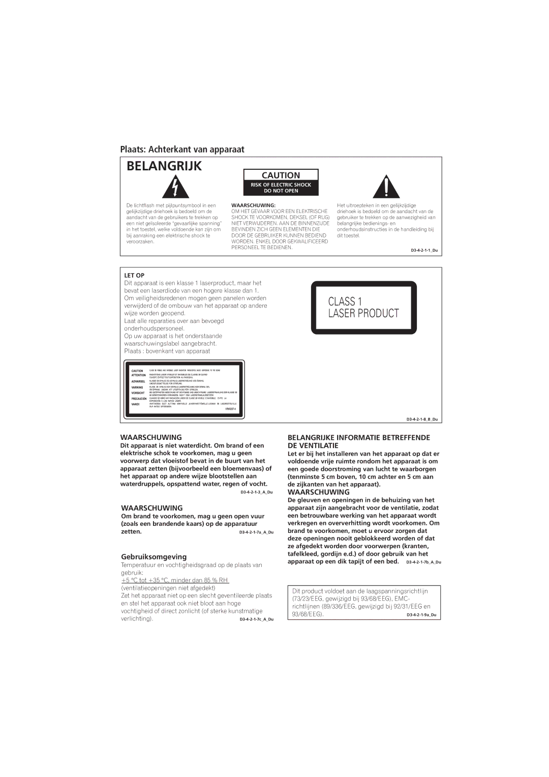 Pioneer PD-D6-J manual Plaats Achterkant van apparaat, Waarschuwing, Gebruiksomgeving 