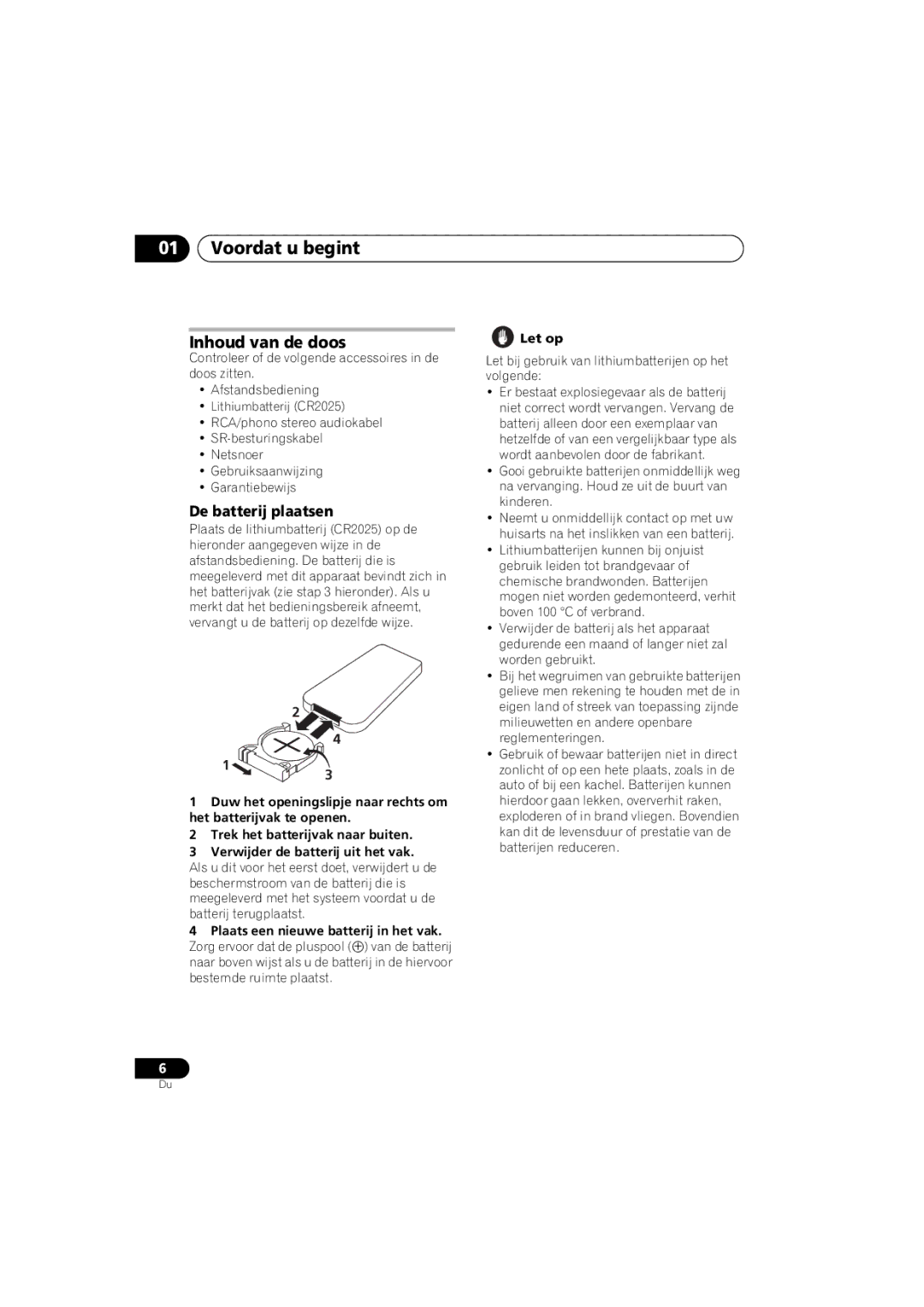 Pioneer PD-D6-J manual Voordat u begint, Inhoud van de doos, De batterij plaatsen 