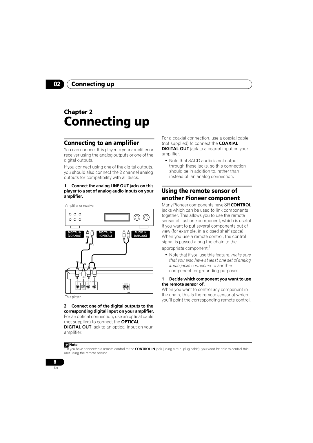 Pioneer PD-D6-J Connecting up Chapter, Connecting to an amplifier, Using the remote sensor of another Pioneer component 