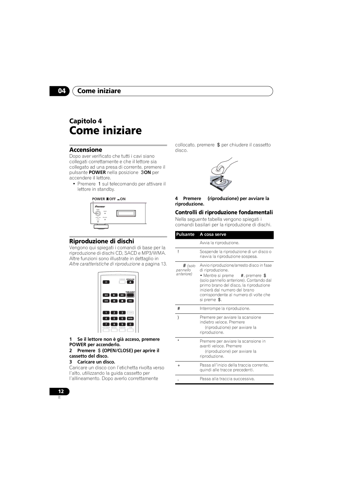 Pioneer PD-D6-J Come iniziare Capitolo, Accensione, Riproduzione di dischi, Controlli di riproduzione fondamentali 