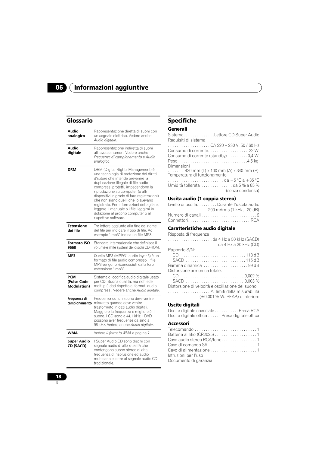 Pioneer PD-D6-J manual Glossario, Specifiche 