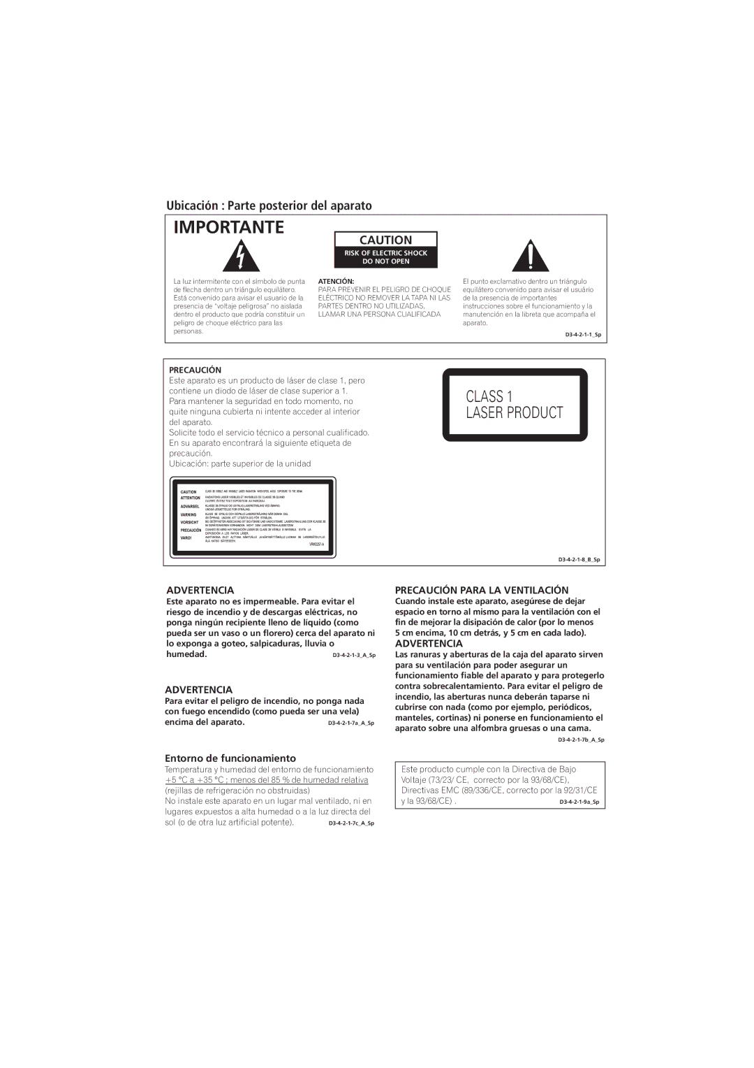 Pioneer PD-D6-J manual Ubicación Parte posterior del aparato, Advertencia, Entorno de funcionamiento 