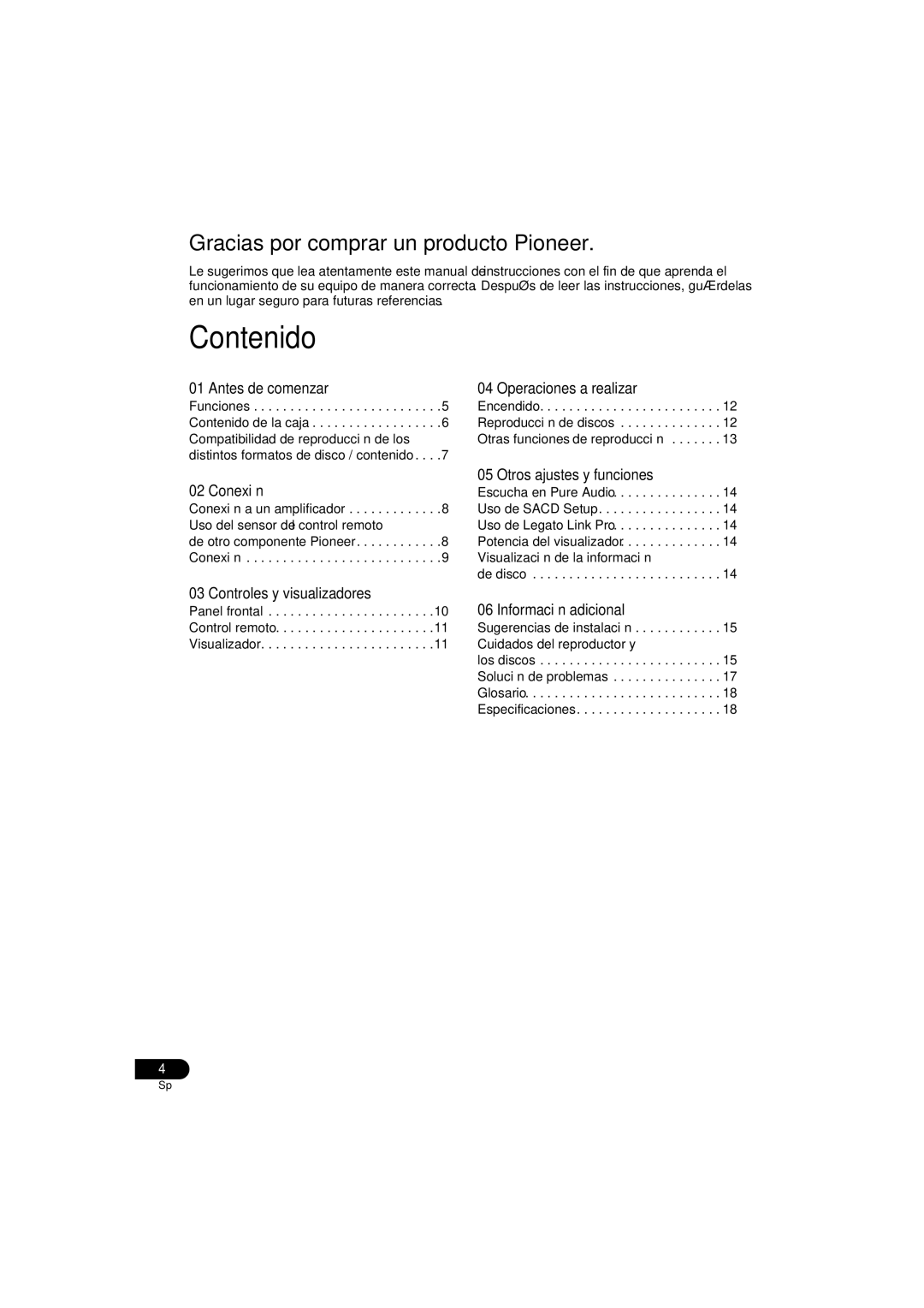 Pioneer PD-D6-J manual Contenido, Antes de comenzar Operaciones a realizar, Conexión Otros ajustes y funciones 