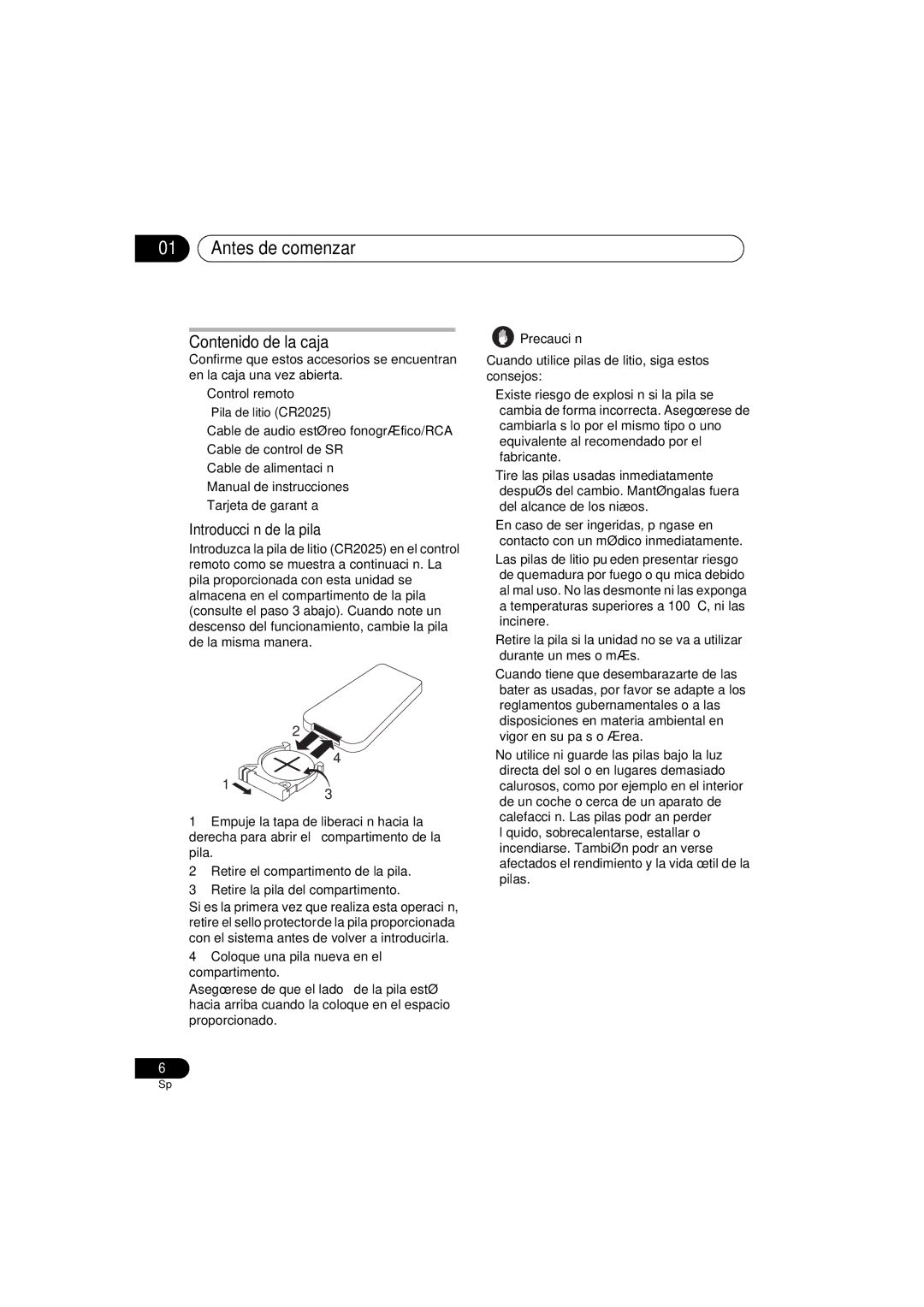 Pioneer PD-D6-J manual Antes de comenzar, Contenido de la caja, Introducción de la pila, Precaución 