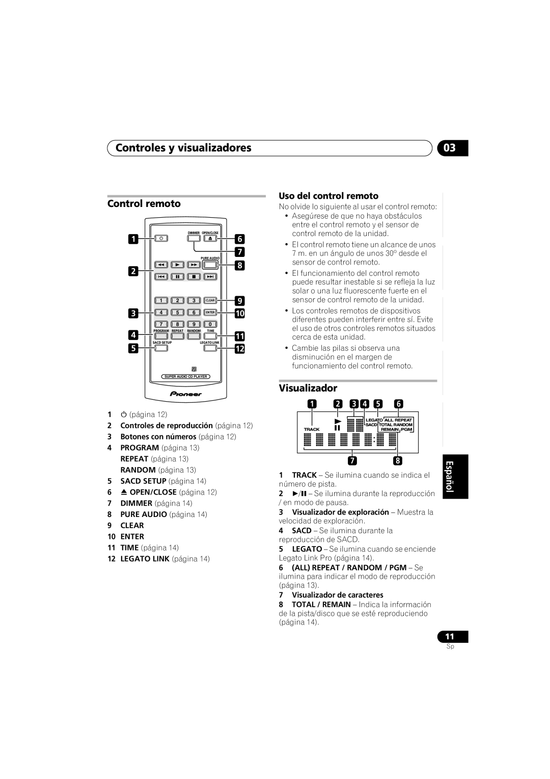 Pioneer PD-D6-J manual Controles y visualizadores, Control remoto, Uso del control remoto, Visualizador 