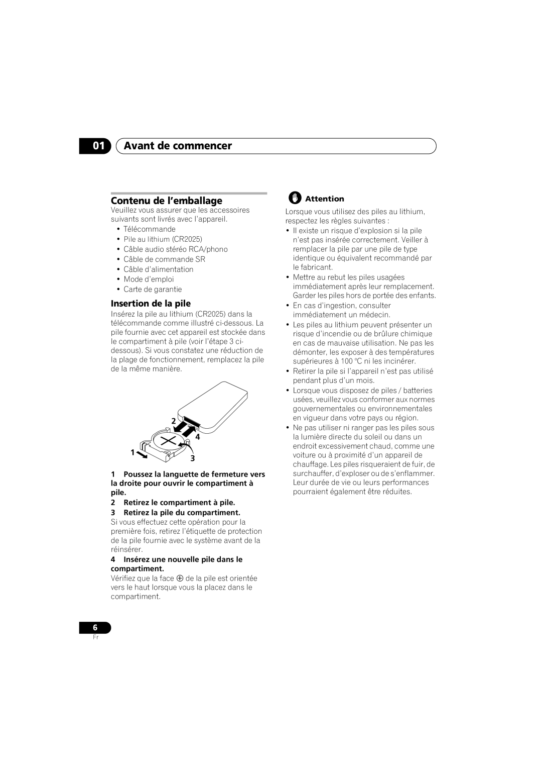 Pioneer PD-D6-J manual 01Avant de commencer, Contenu de l’emballage, Insertion de la pile 