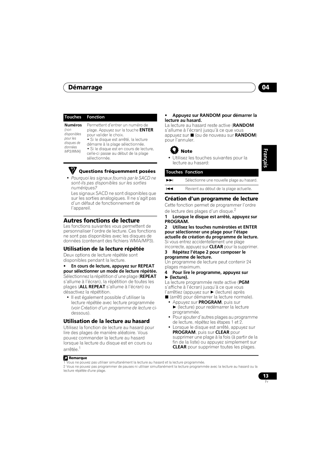 Pioneer PD-D6-J manual Démarrage, Autres fonctions de lecture, Utilisation de la lecture répétée, English Français, Touches 