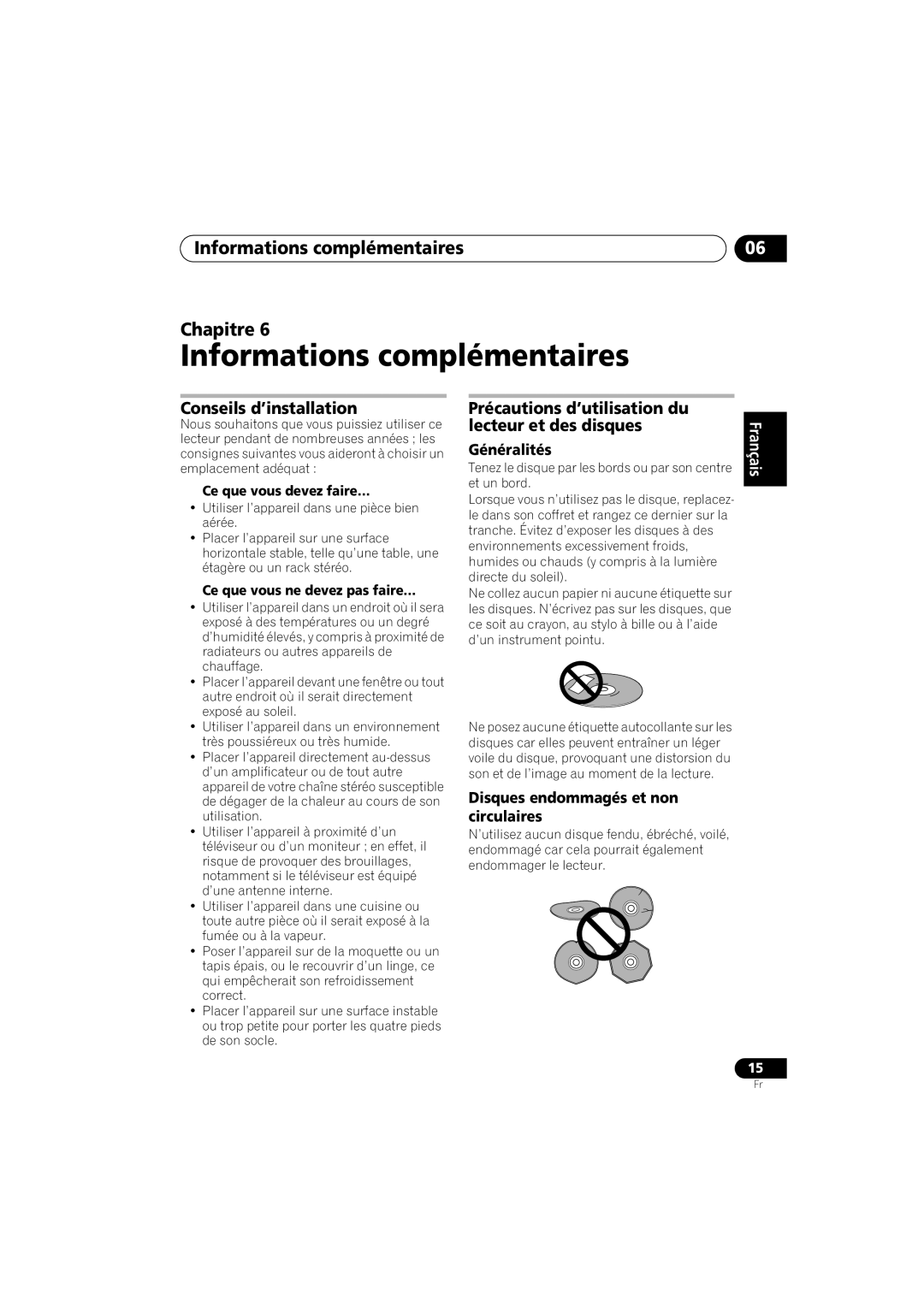 Pioneer PD-D6-J Informations complémentaires Chapitre, Conseils d’installation, Précautions d’utilisation du, English 