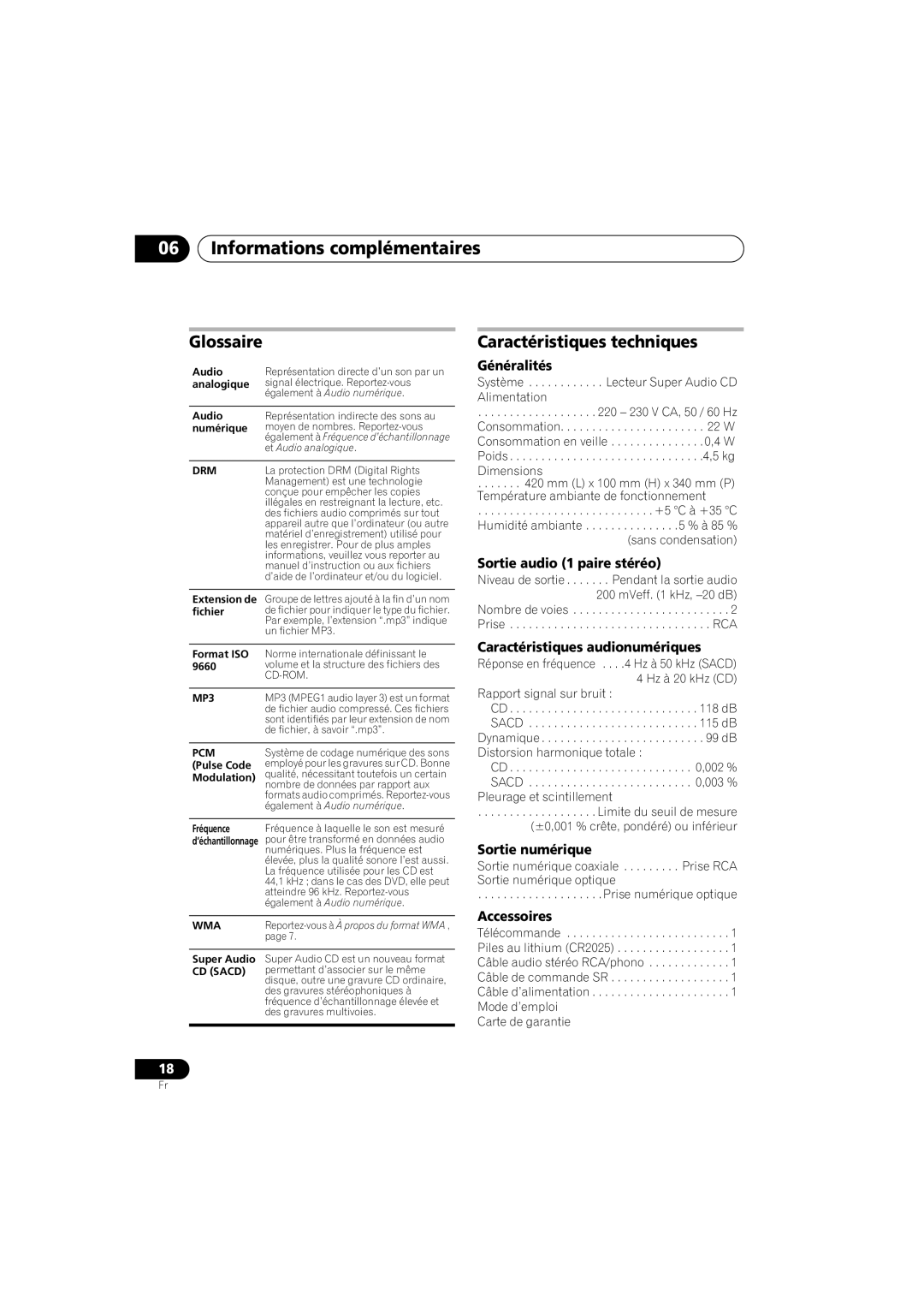 Pioneer PD-D6-J Glossaire, Caractéristiques techniques, 06Informations complémentaires, Généralités, Sortie numérique 