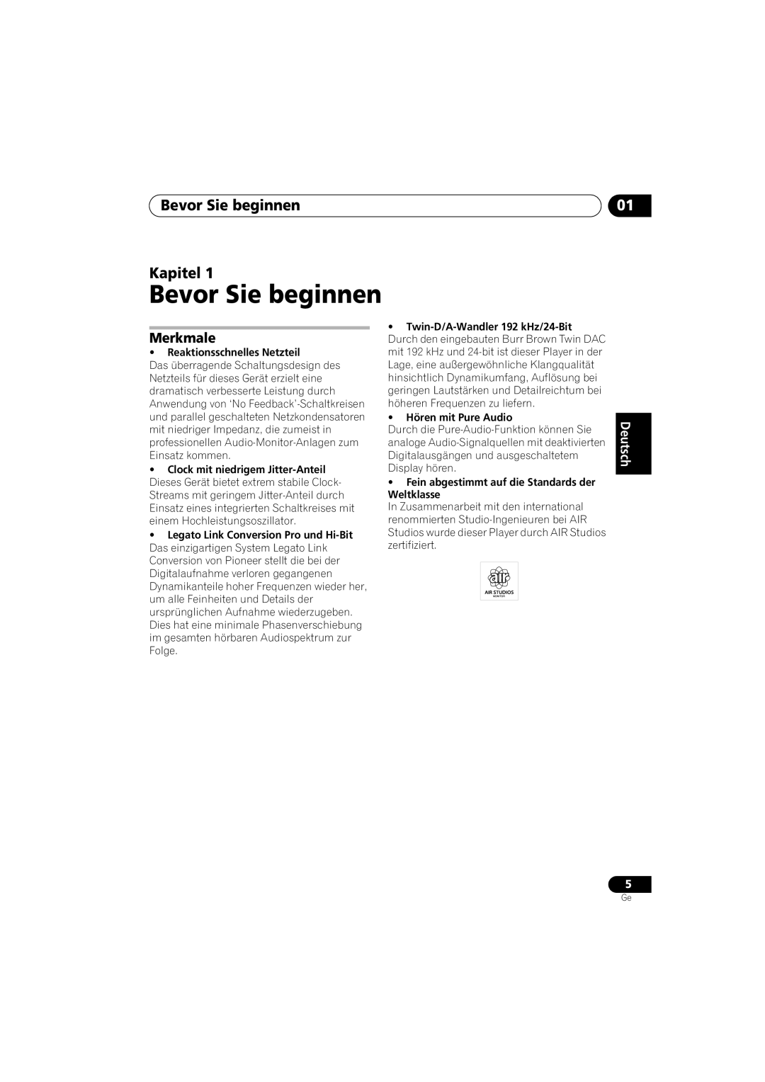 Pioneer PD-D6-J manual Bevor Sie beginnen Kapitel, Merkmale, English, Français Deutsch Nederlands Italiano Español 