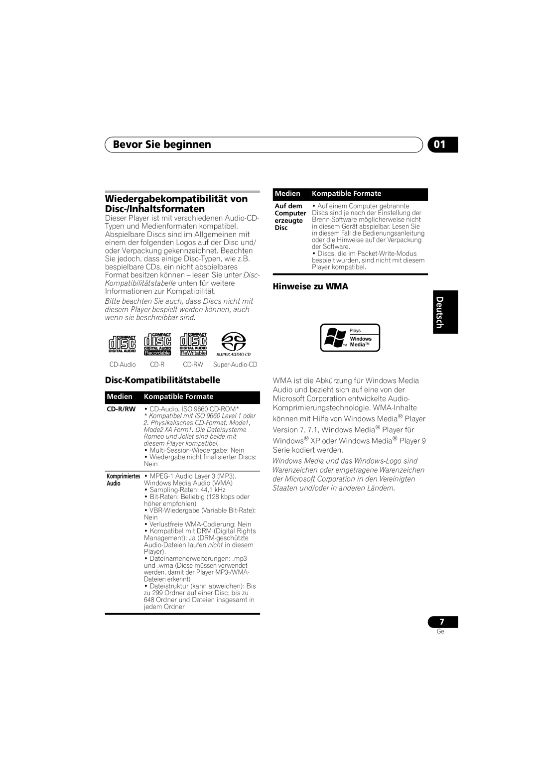 Pioneer PD-D6-J manual Bevor Sie beginnen, Disc-Kompatibilitätstabelle, Hinweise zu WMA 