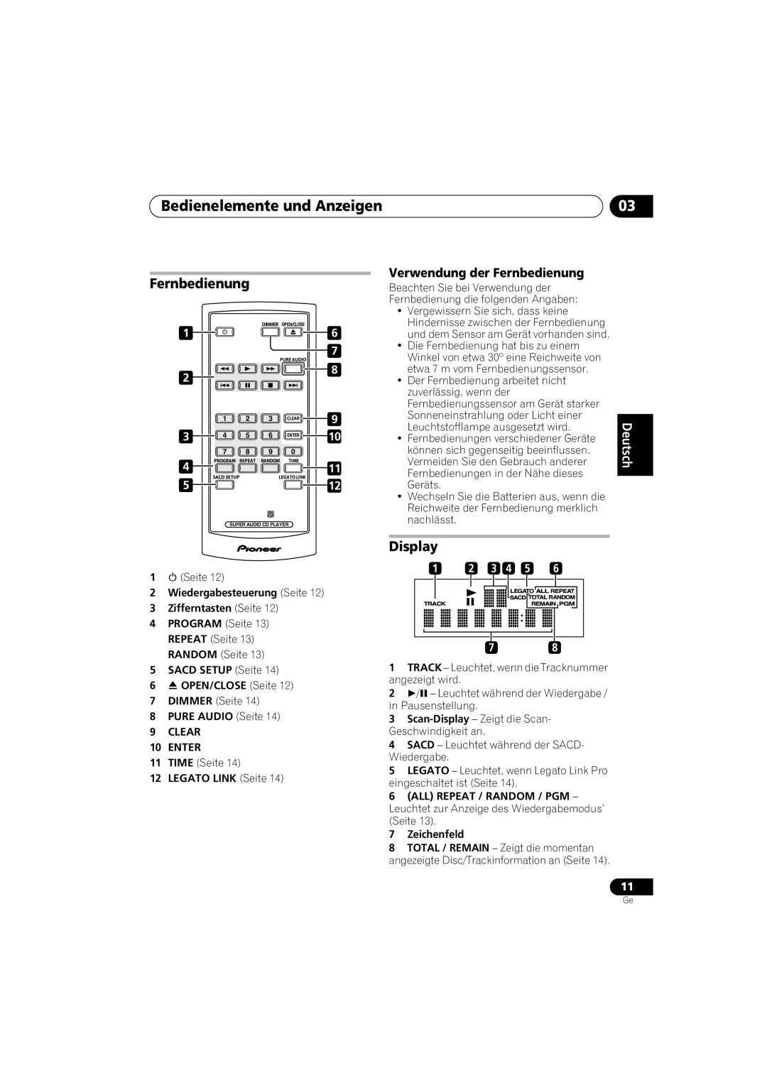 Pioneer PD-D6-J manual Bedienelemente und Anzeigen, Display, Verwendung der Fernbedienung, Español 