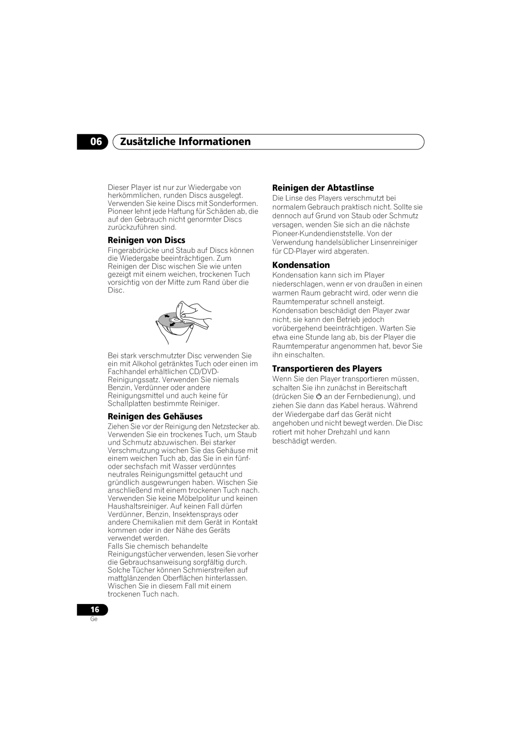 Pioneer PD-D6-J manual 06Zusätzliche Informationen, Reinigen von Discs, Reinigen des Gehäuses, Reinigen der Abtastlinse 