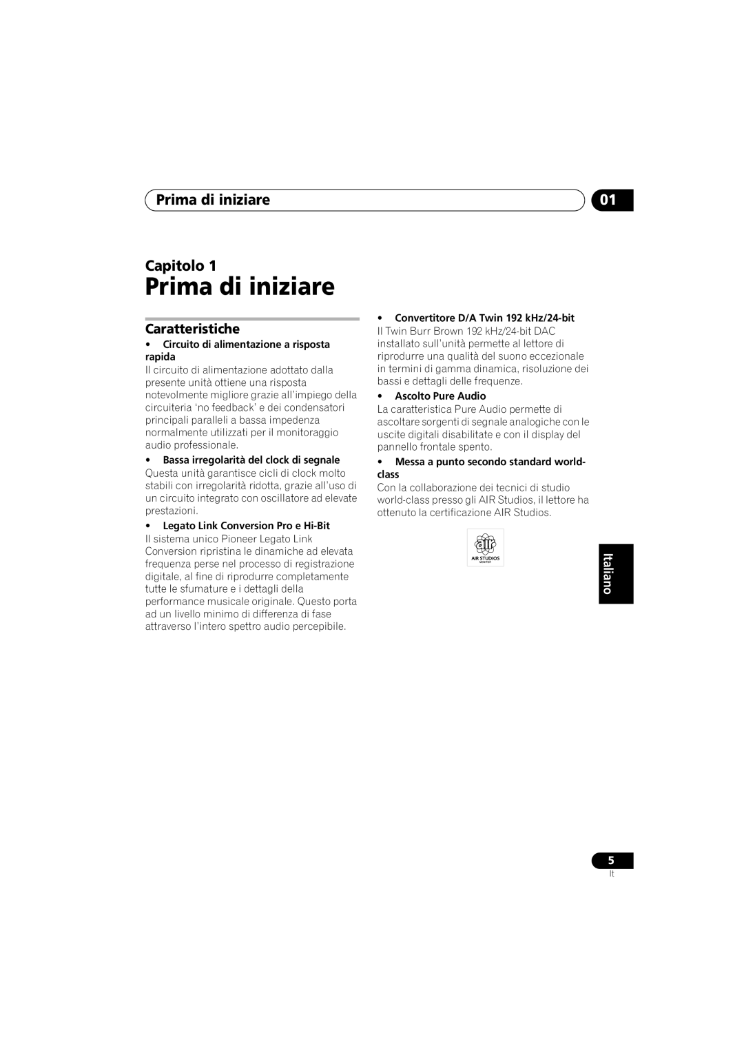 Pioneer PD-D6-J manual Prima di iniziare Capitolo, Caratteristiche, English, Italiano, Español 