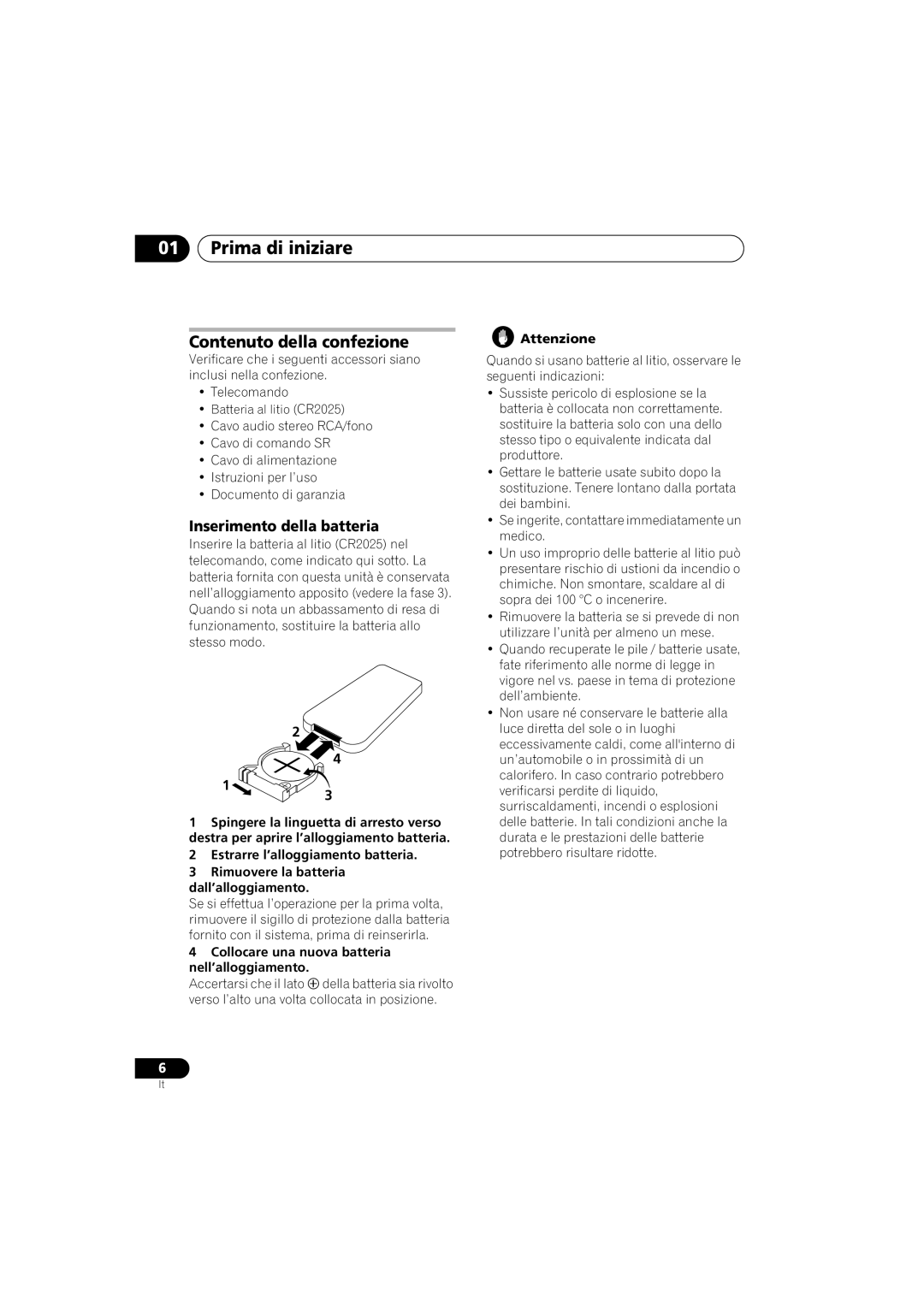 Pioneer PD-D6-J manual 01Prima di iniziare, Contenuto della confezione, Inserimento della batteria 