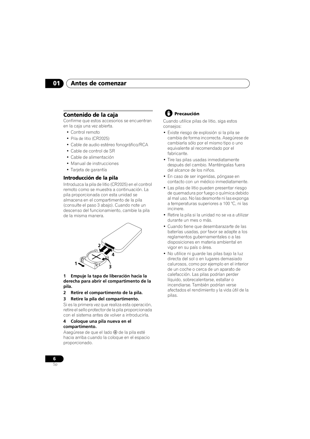Pioneer PD-D6-J manual 01Antes de comenzar, Contenido de la caja, Introducción de la pila 