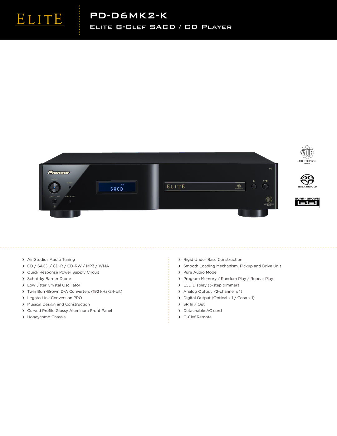 Pioneer PD-D6MK2-K manual PDDV-58AVD6MK2-K, Elite G-CLEF Sacd / CD Player 