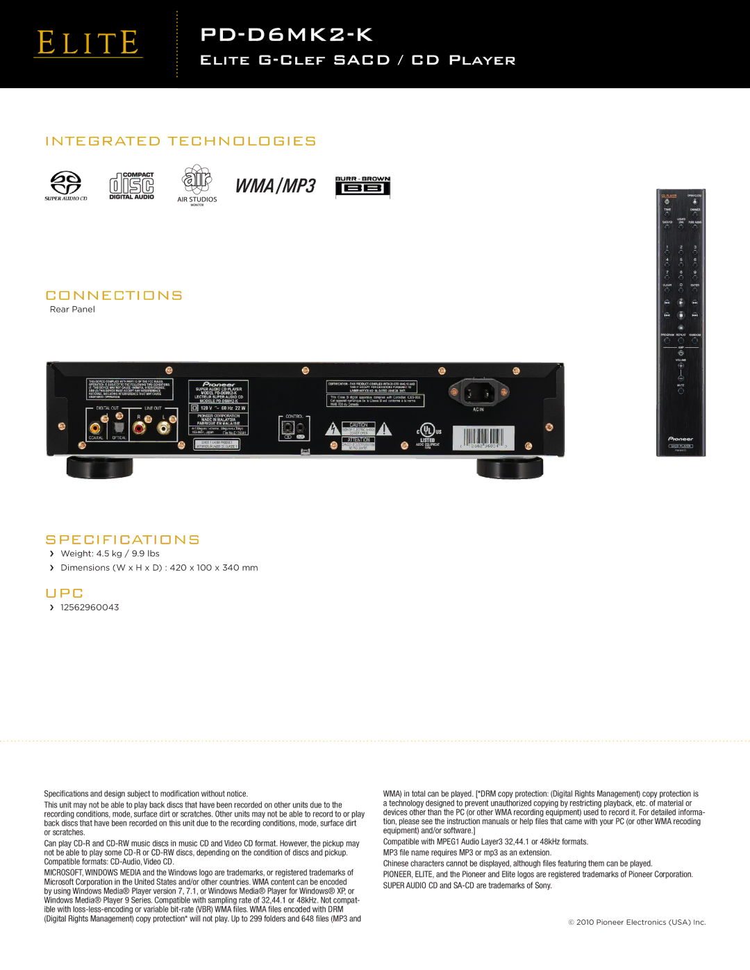 Pioneer PD-D6MK2-K manual Integrated Technologies Connections, Specifications, Upc 