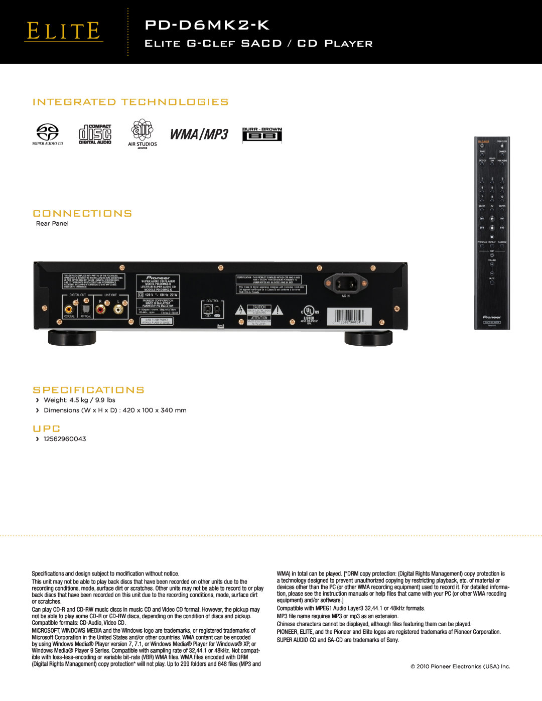 Pioneer PD-D6MK2-K PDDV-58AVD6MK2-K, Elite G-Clefsacd / Cd Player, Integrated Technologies Connections, Specifications 